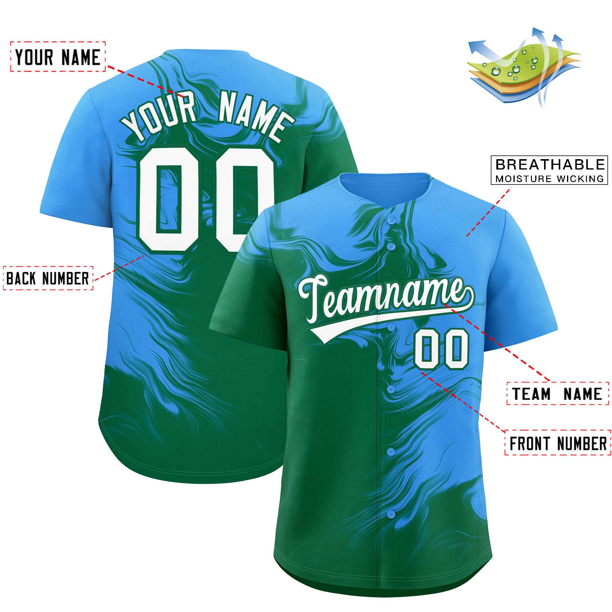 Custom Powder Blue Kelly Green Personalized Ink Pattern Authentic Baseball Jersey