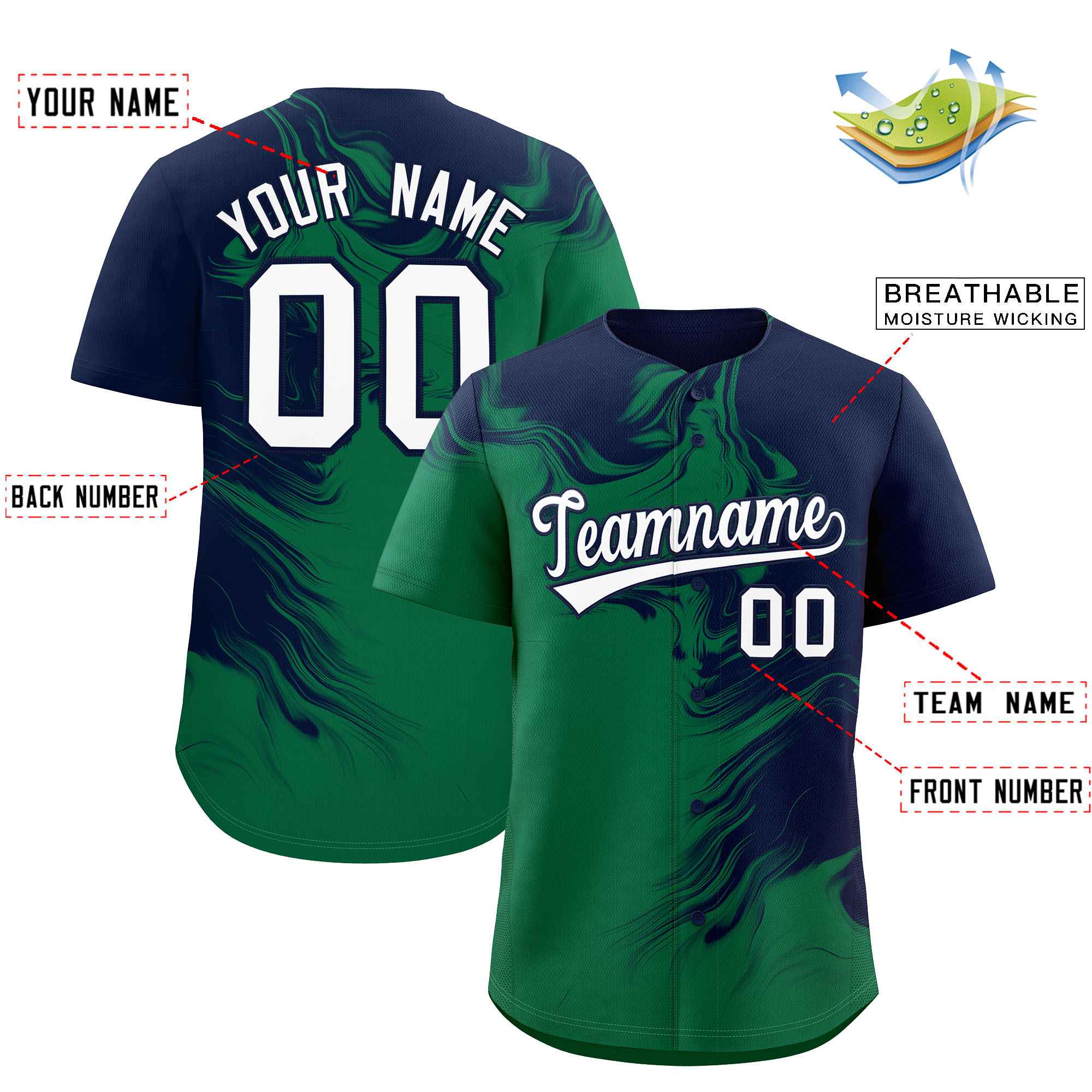 Custom Navy Kelly Green Personalized Ink Pattern Authentic Baseball Jersey