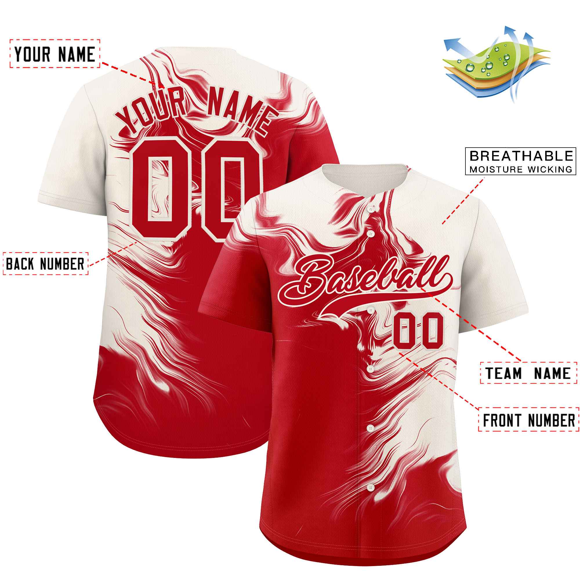 Custom Cream Red Personalized Ink Pattern Authentic Baseball Jersey