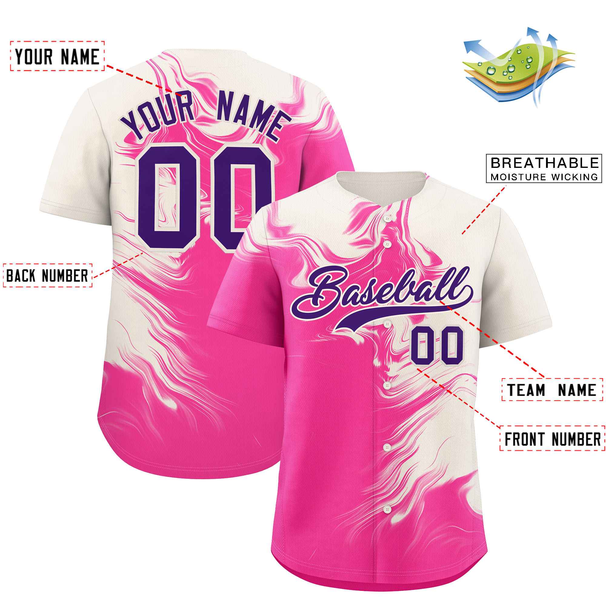 Custom Cream Pink Personalized Ink Pattern Authentic Baseball Jersey