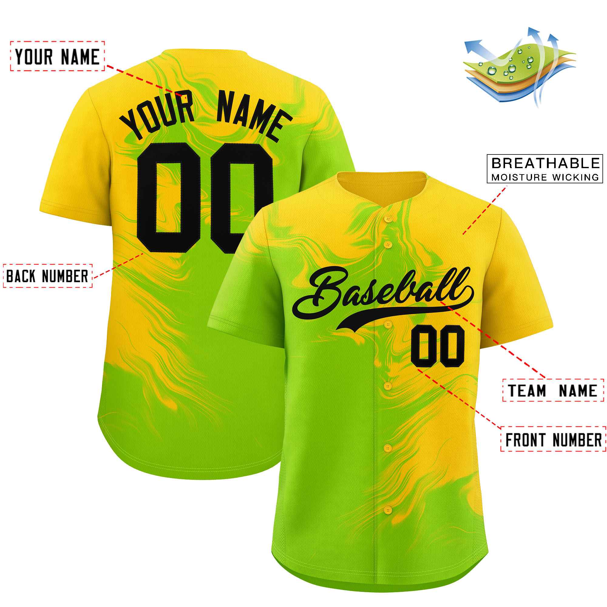 Custom Gold Neon Green Personalized Ink Pattern Authentic Baseball Jersey