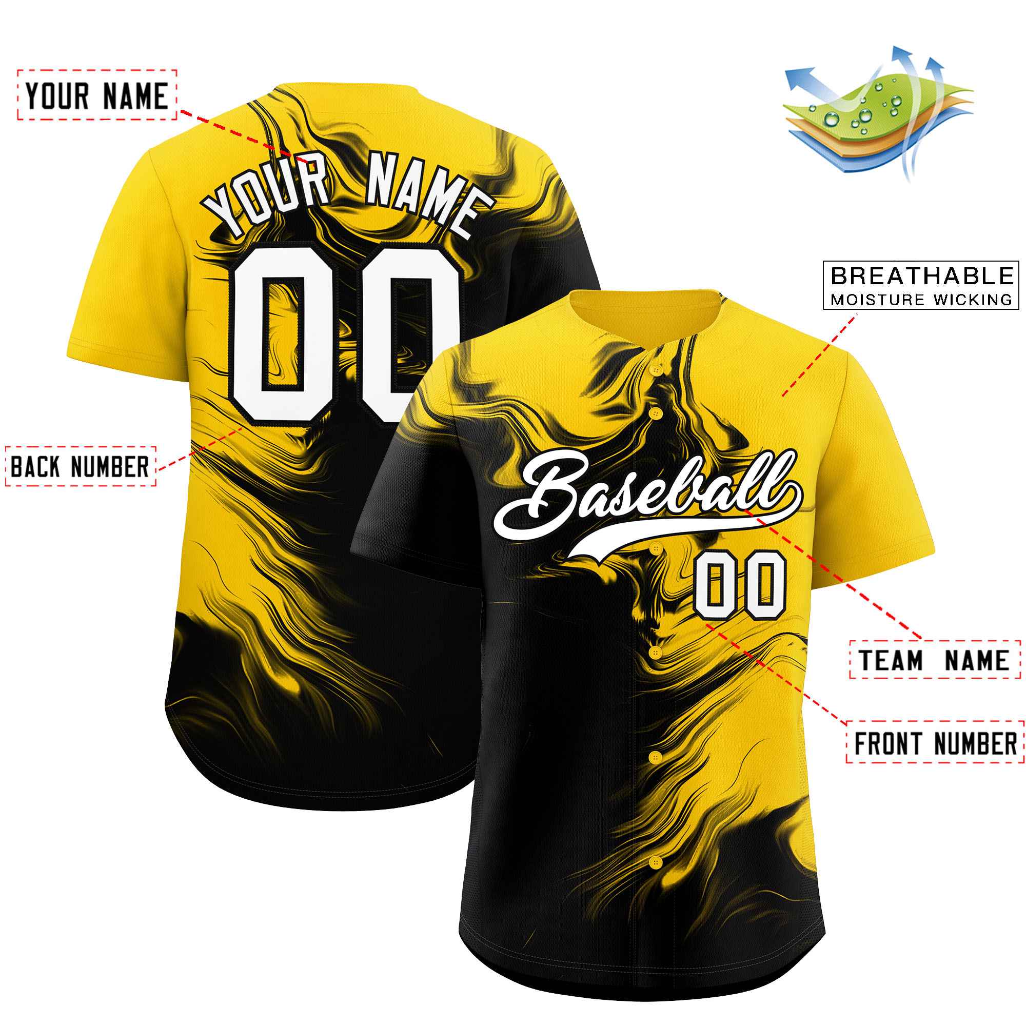 Custom Gold Black Personalized Ink Pattern Authentic Baseball Jersey