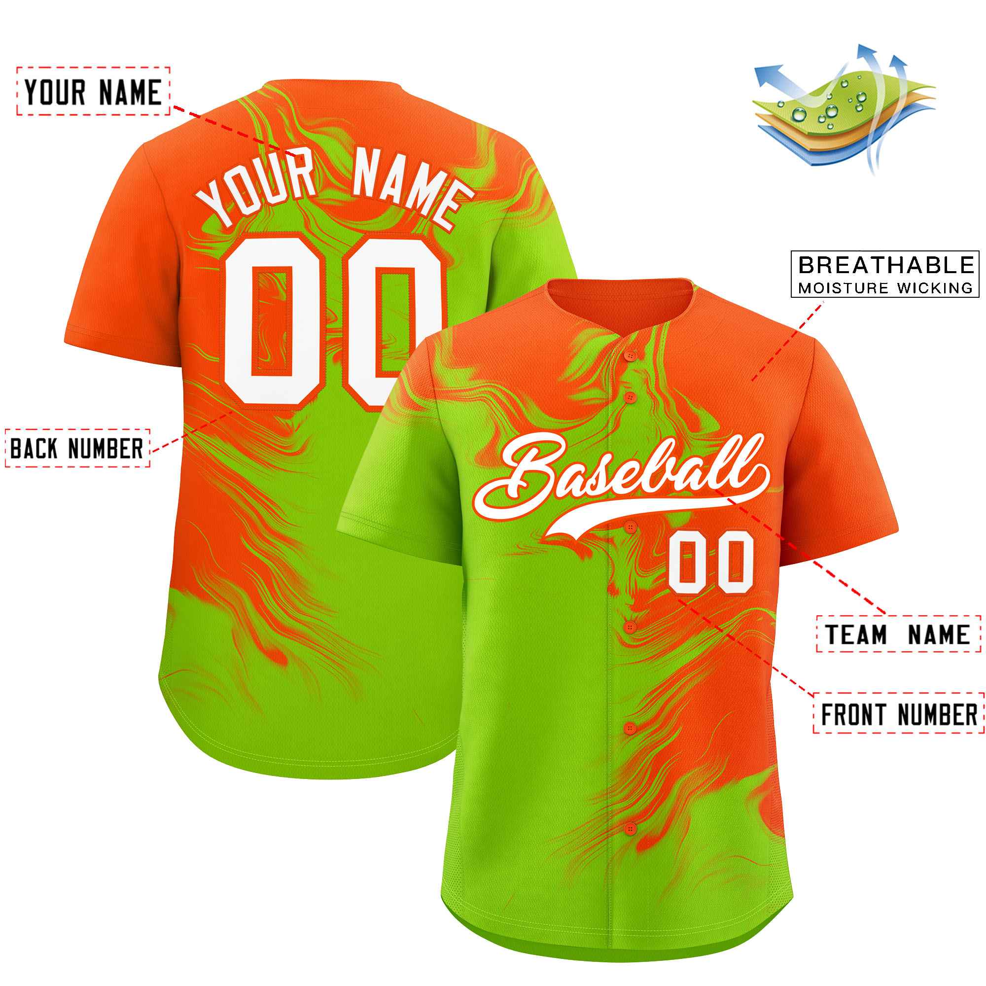 Custom Orange Neon Green Personalized Ink Pattern Authentic Baseball Jersey