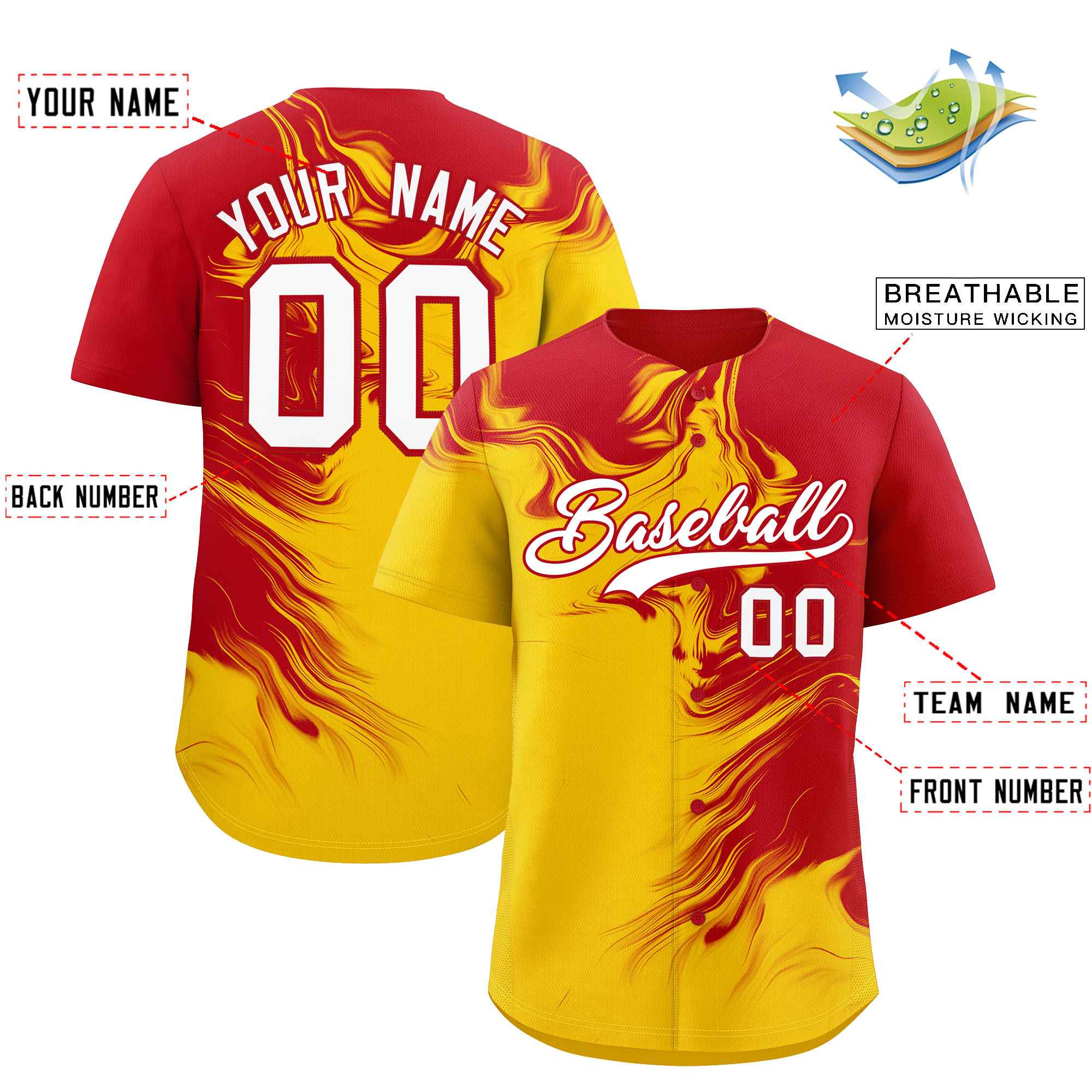 Custom Red Gold Personalized Ink Pattern Authentic Baseball Jersey