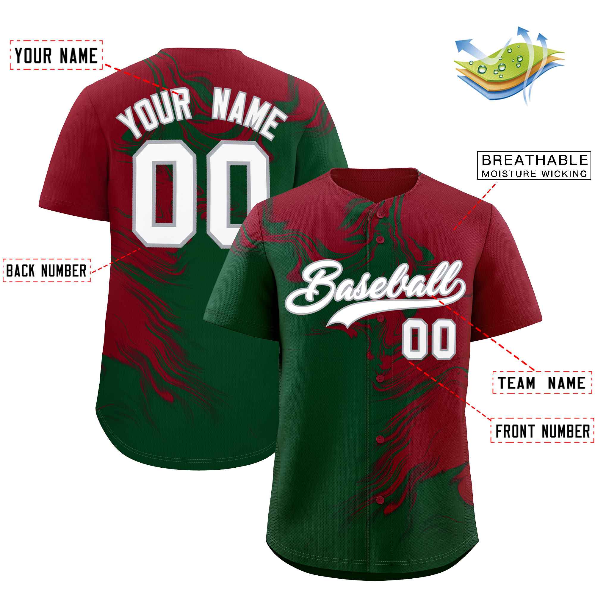 Custom Crimson Green Personalized Ink Pattern Authentic Baseball Jersey