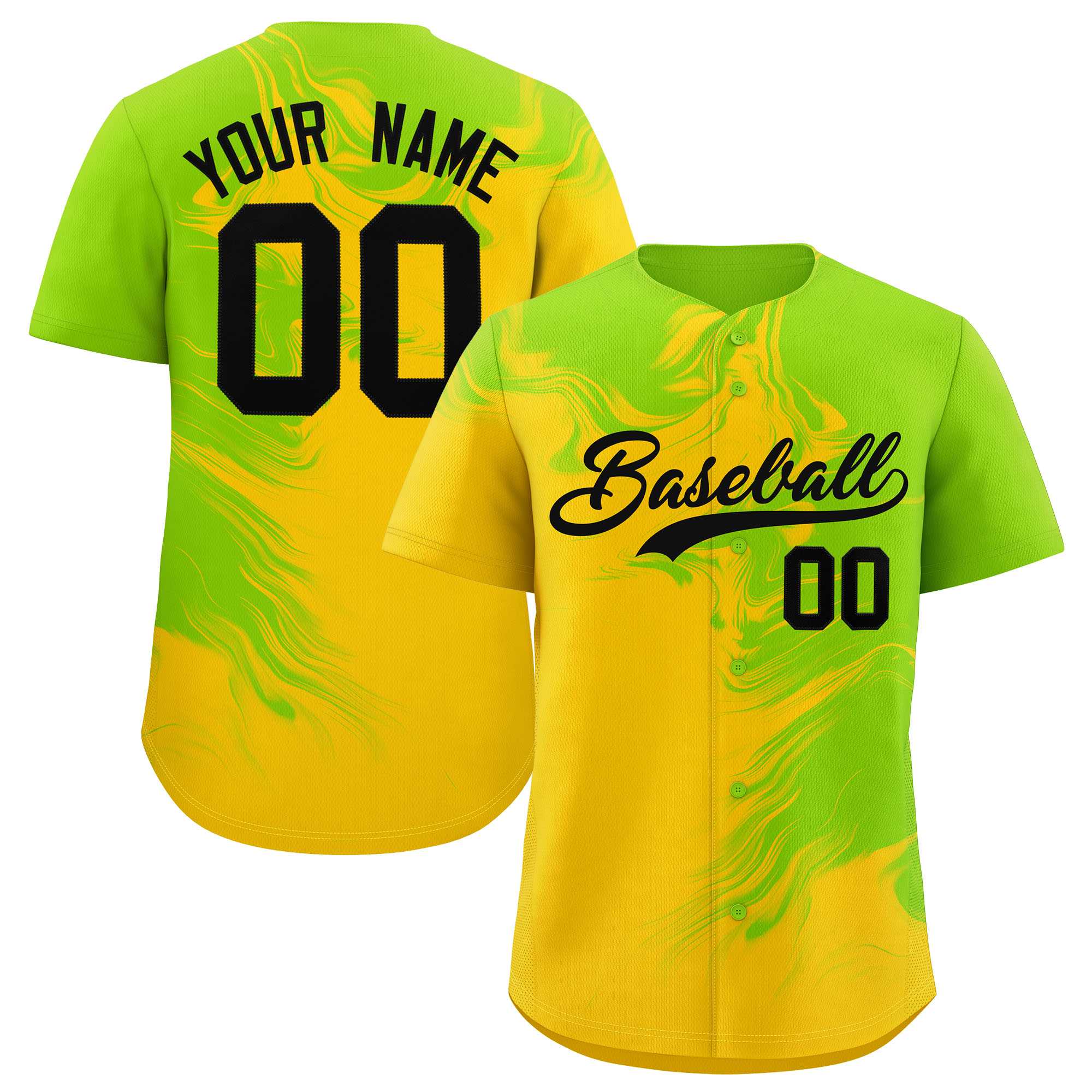 Custom Neon Green Gold Personalized Ink Pattern Authentic Baseball Jersey