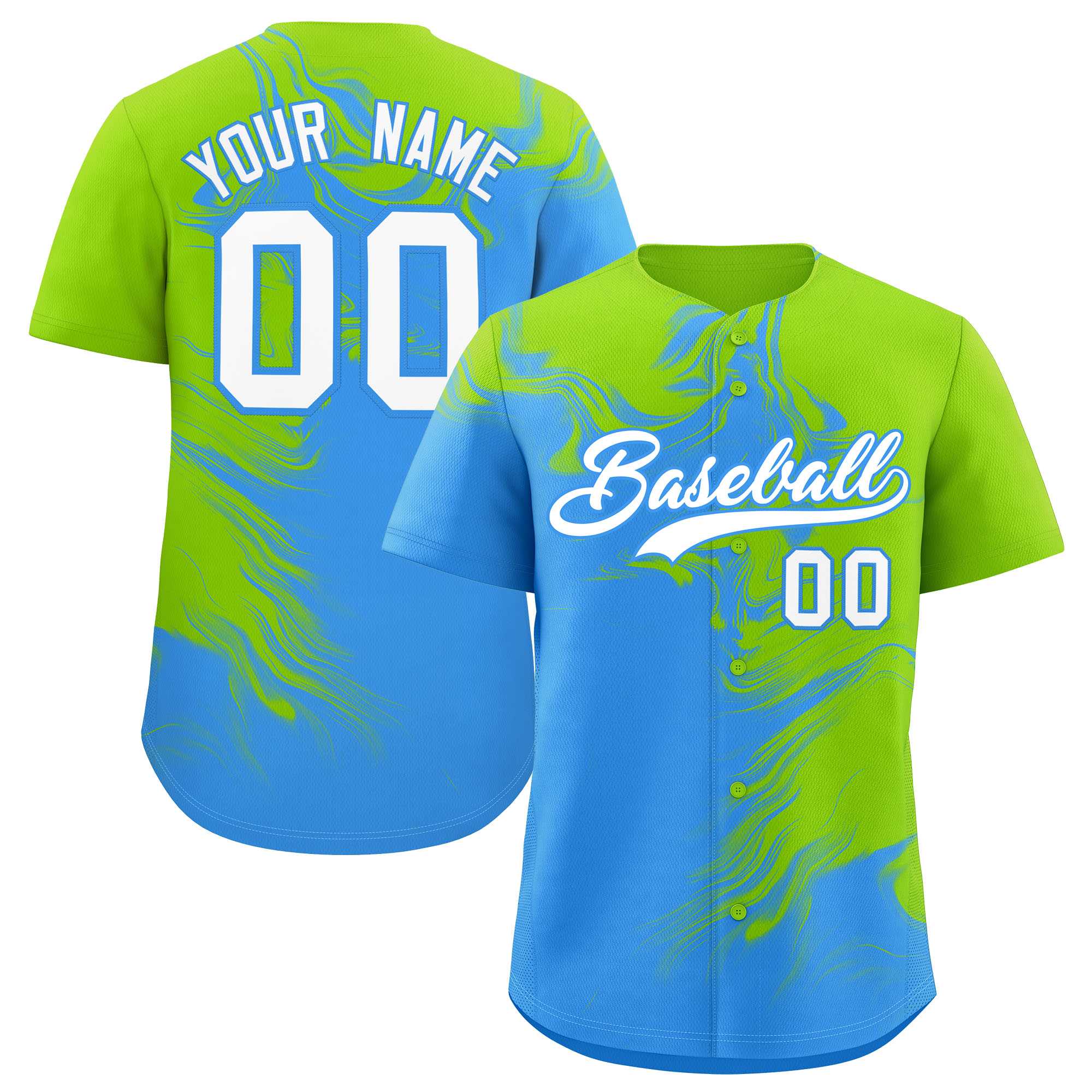 Custom Neon Green Powder Blue Personalized Ink Pattern Authentic Baseball Jersey