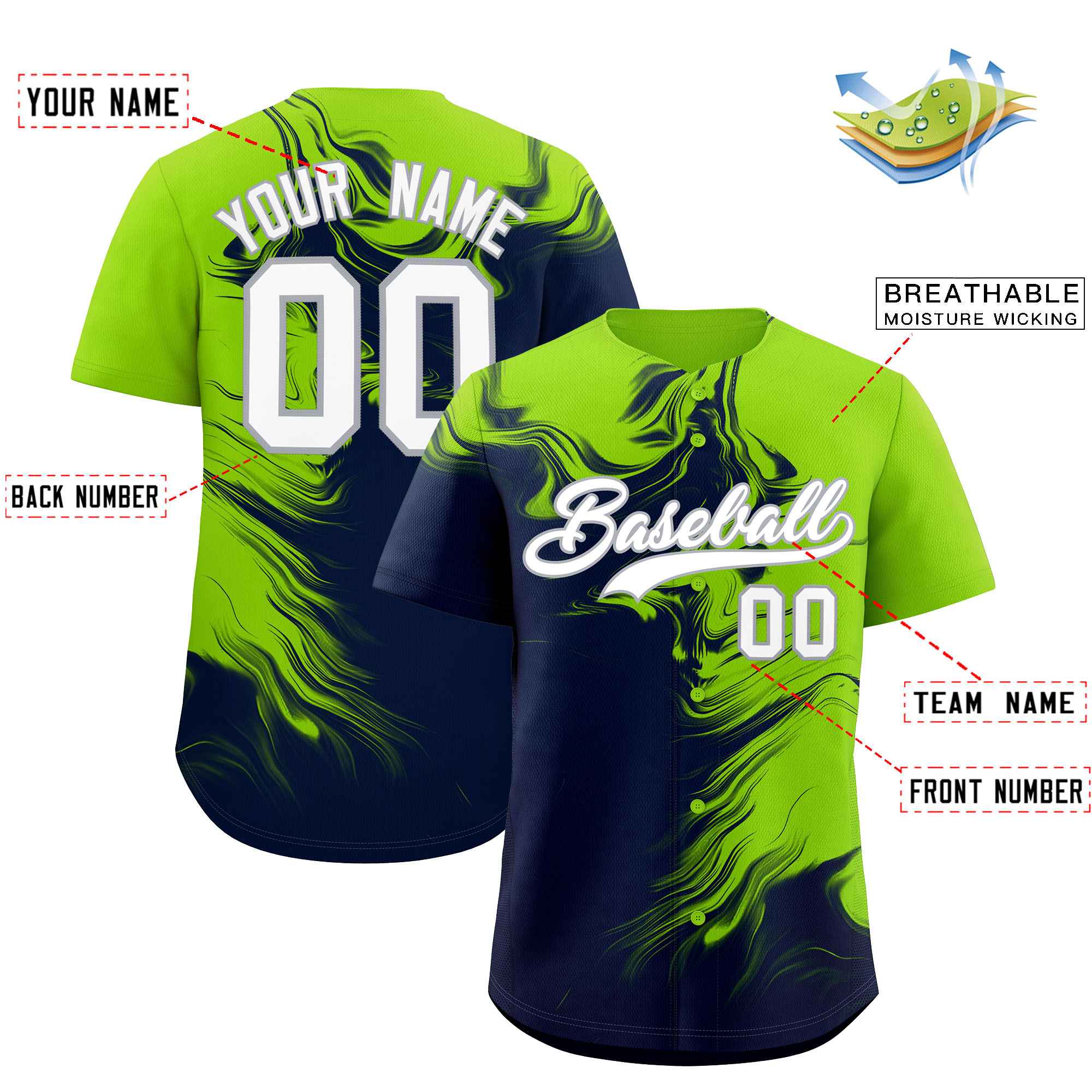 Custom Neon Green Navy Personalized Ink Pattern Authentic Baseball Jersey