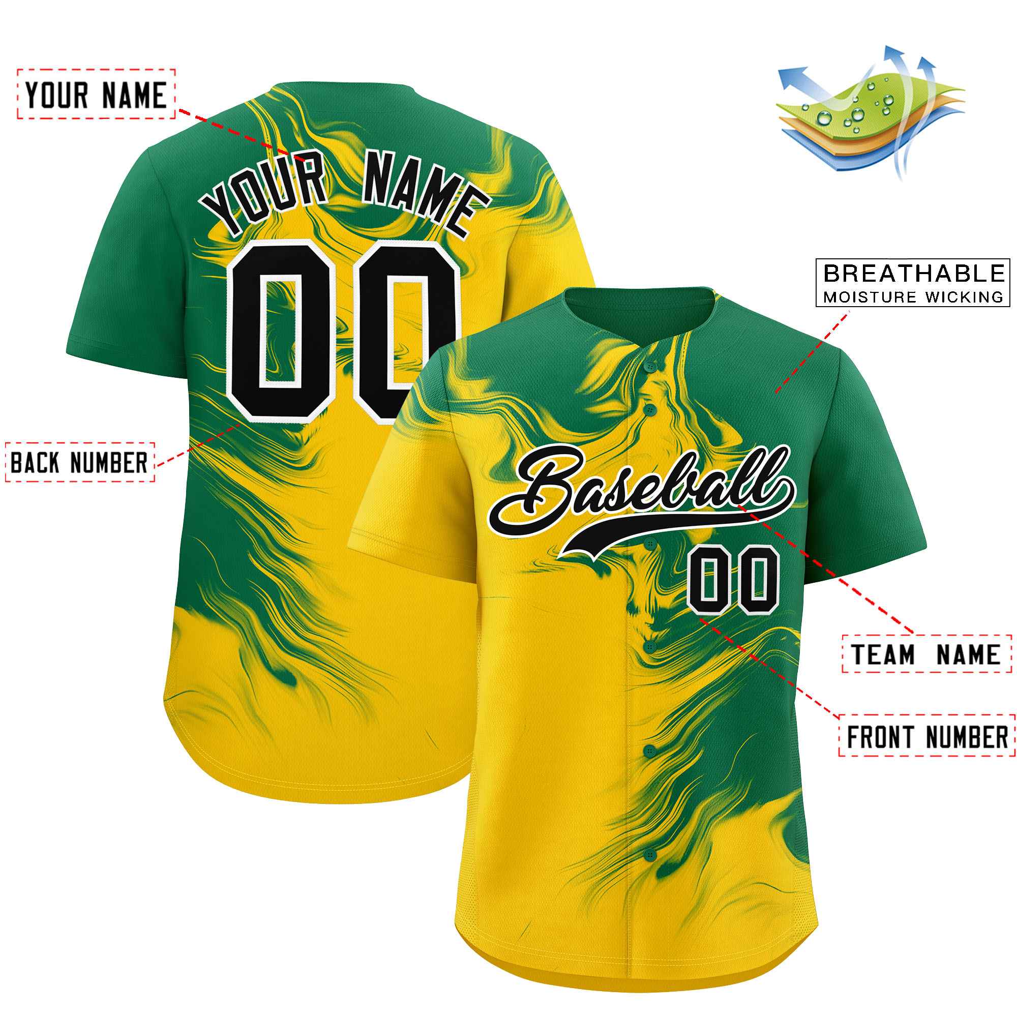 Custom Kelly Green Gold Personalized Ink Pattern Authentic Baseball Jersey