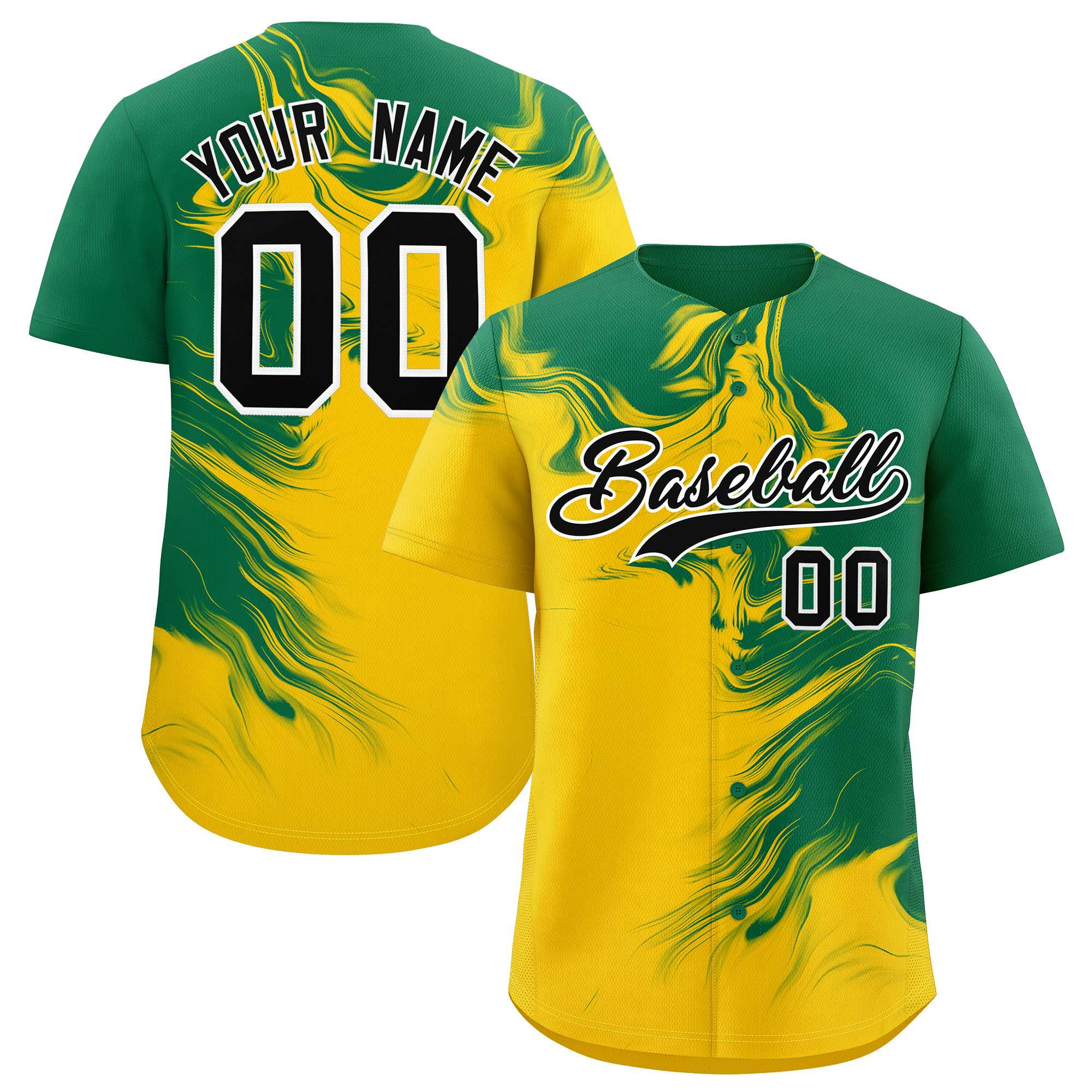 Custom Kelly Green Gold Personalized Ink Pattern Authentic Baseball Jersey