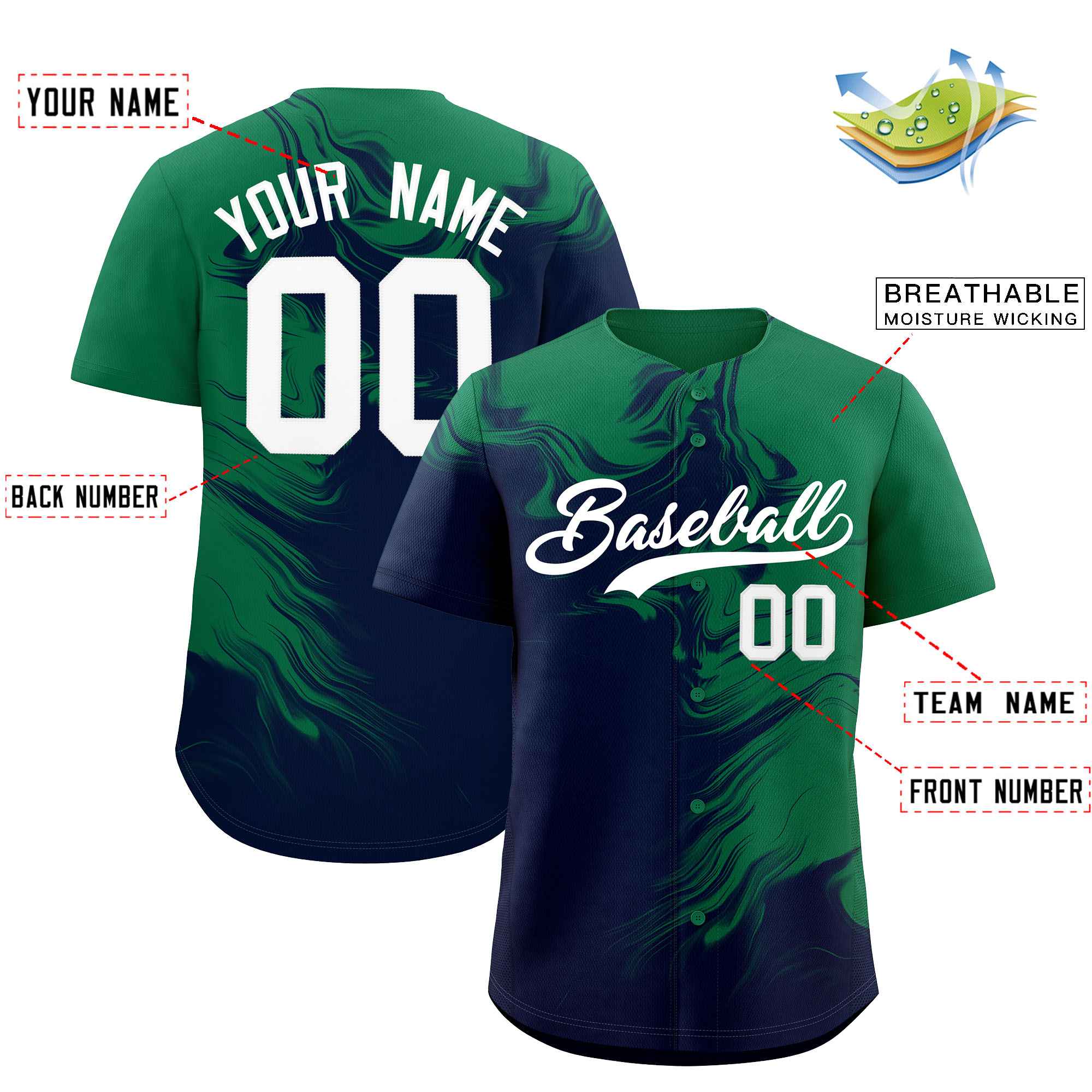 Custom Kelly Green Navy Personalized Ink Pattern Authentic Baseball Jersey