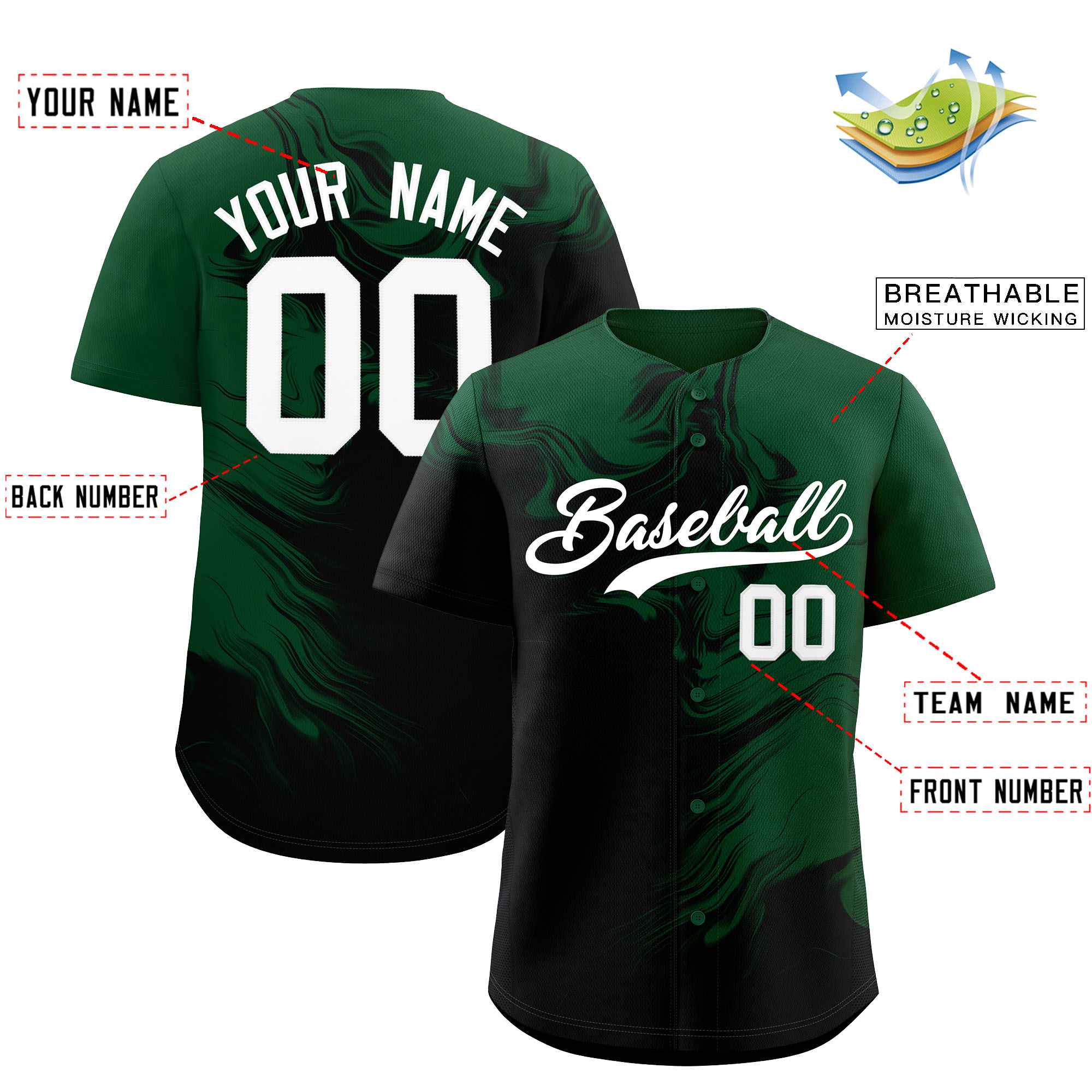 Custom Green Black Personalized Ink Pattern Authentic Baseball Jersey