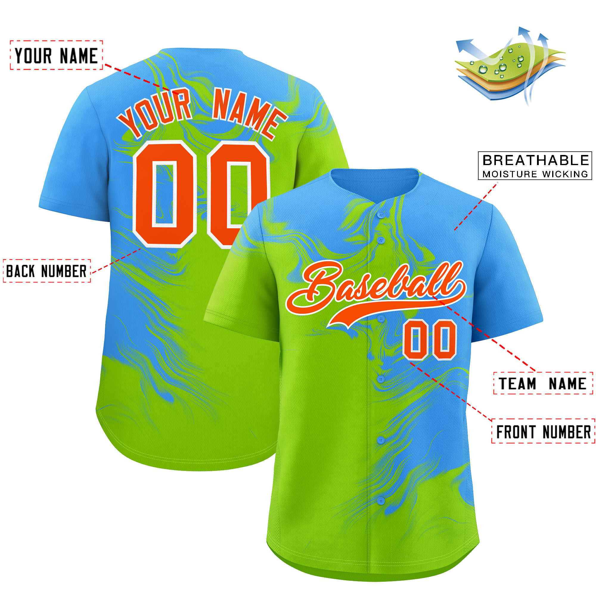 Custom Powder Blue Neon Green Personalized Ink Pattern Authentic Baseball Jersey