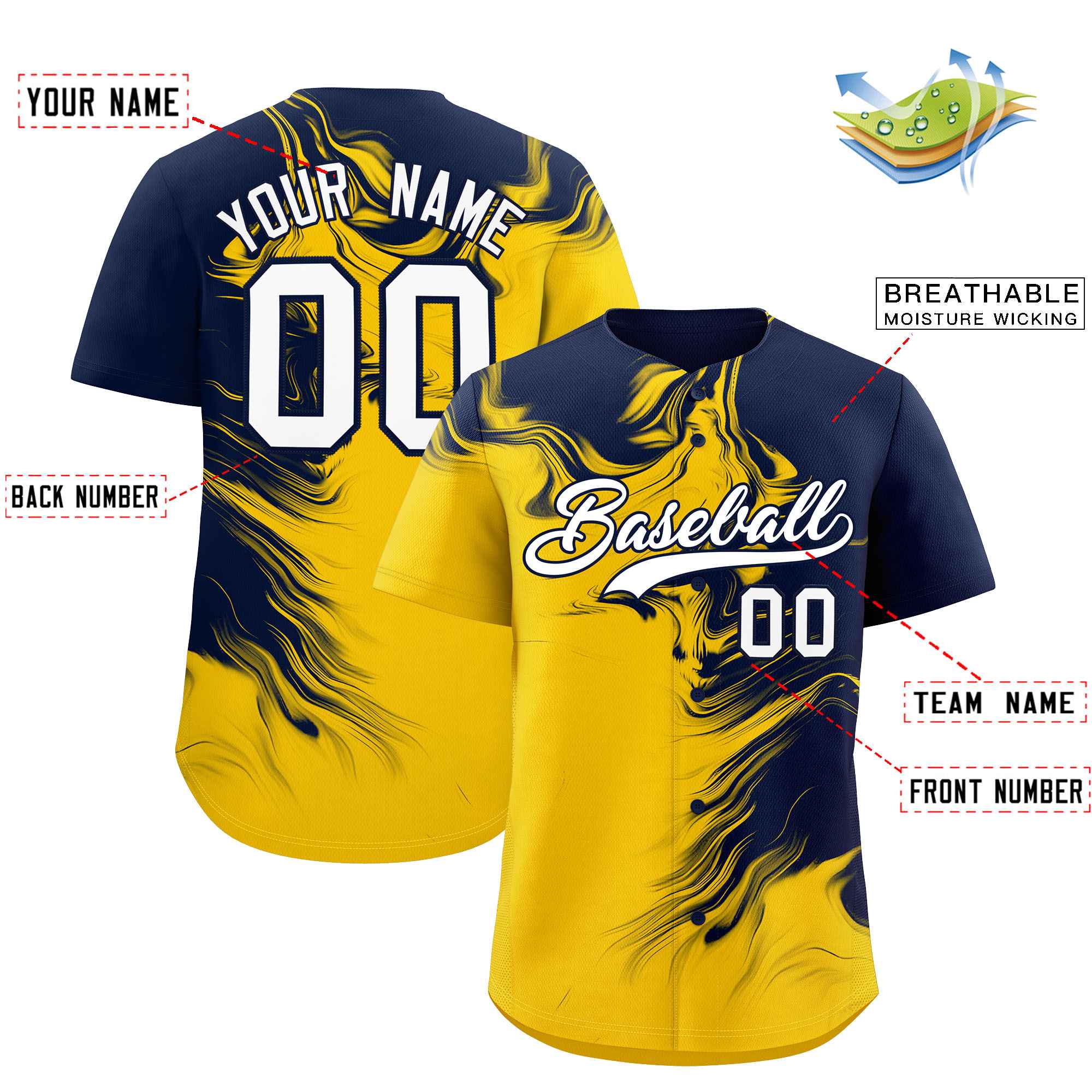 Custom Navy Gold Personalized Ink Pattern Authentic Baseball Jersey