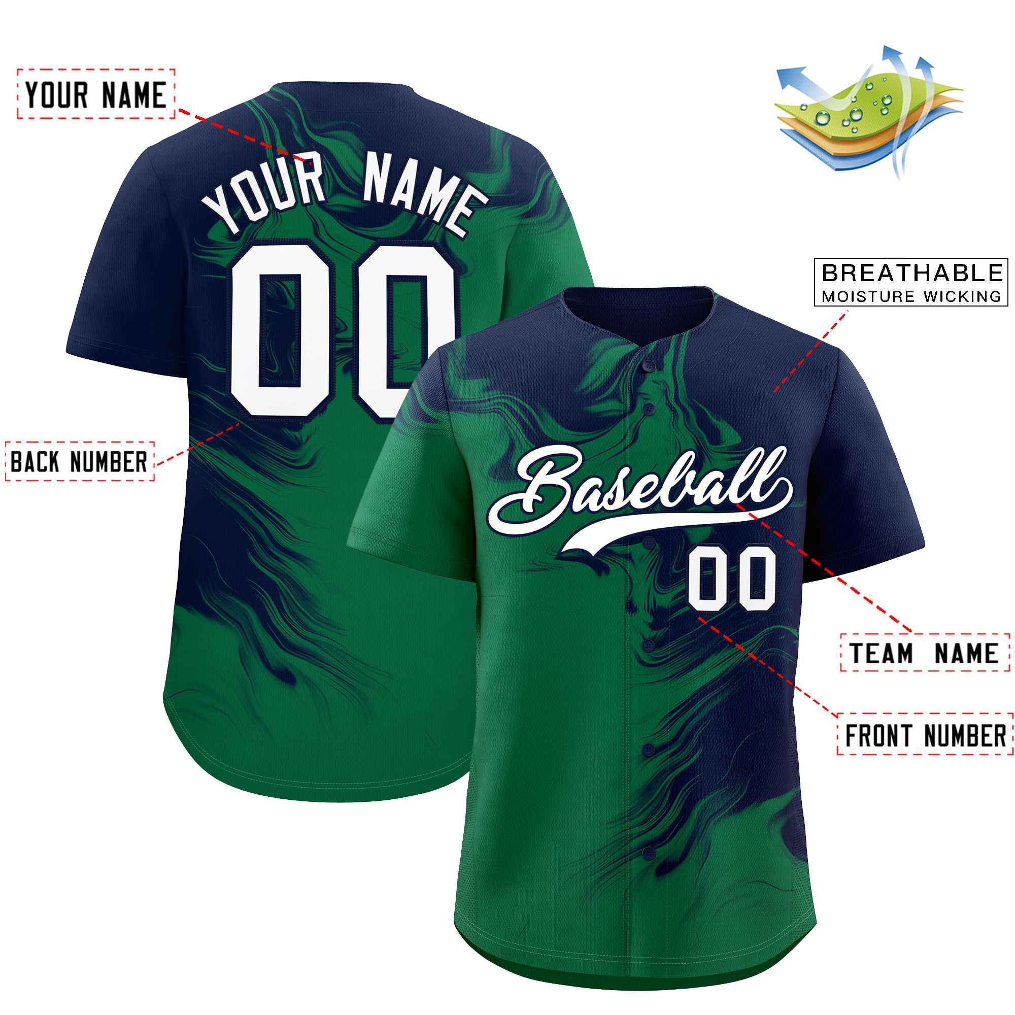 Custom Navy Kelly Green Personalized Ink Pattern Authentic Baseball Jersey