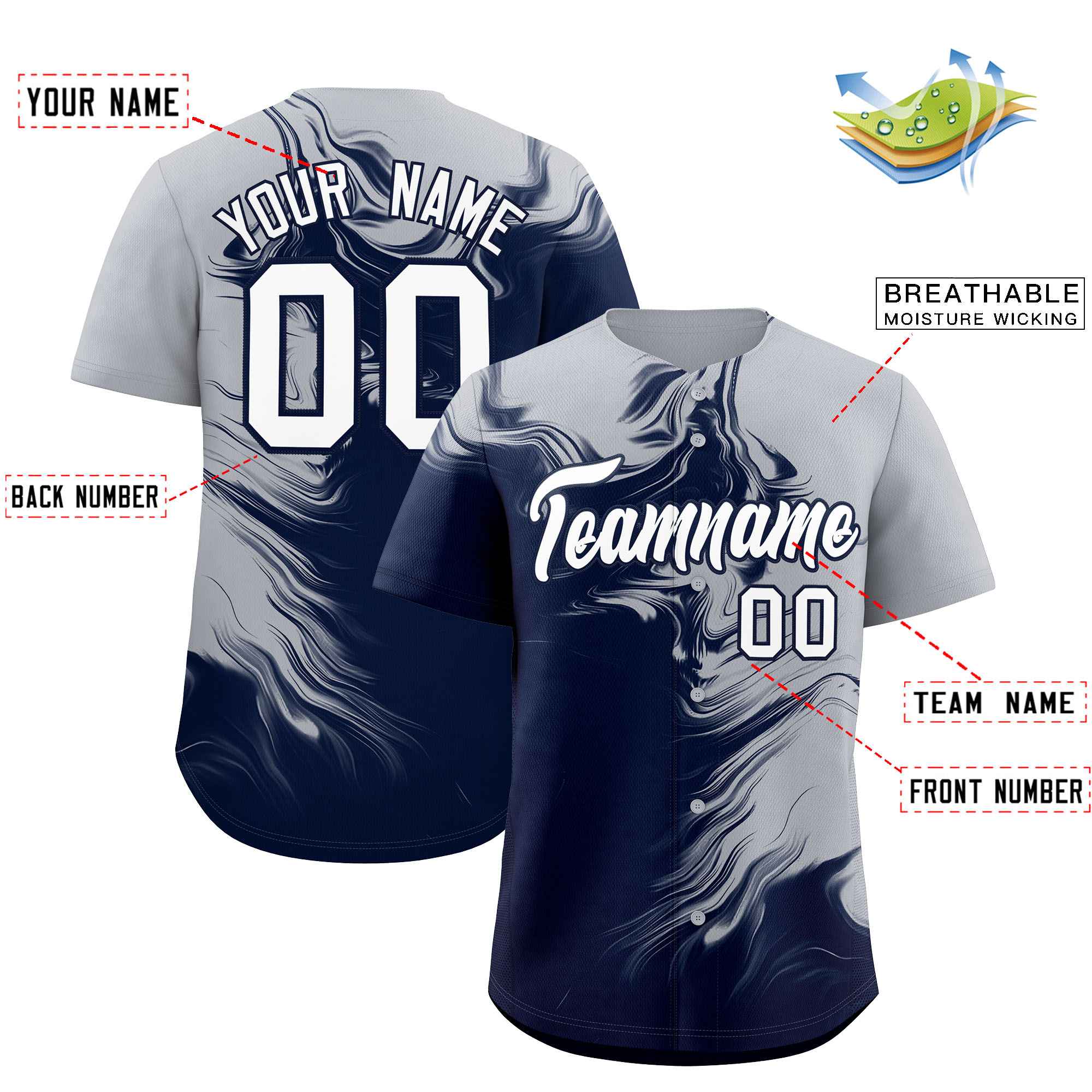 Custom Gray Navy Personalized Ink Pattern Authentic Baseball Jersey