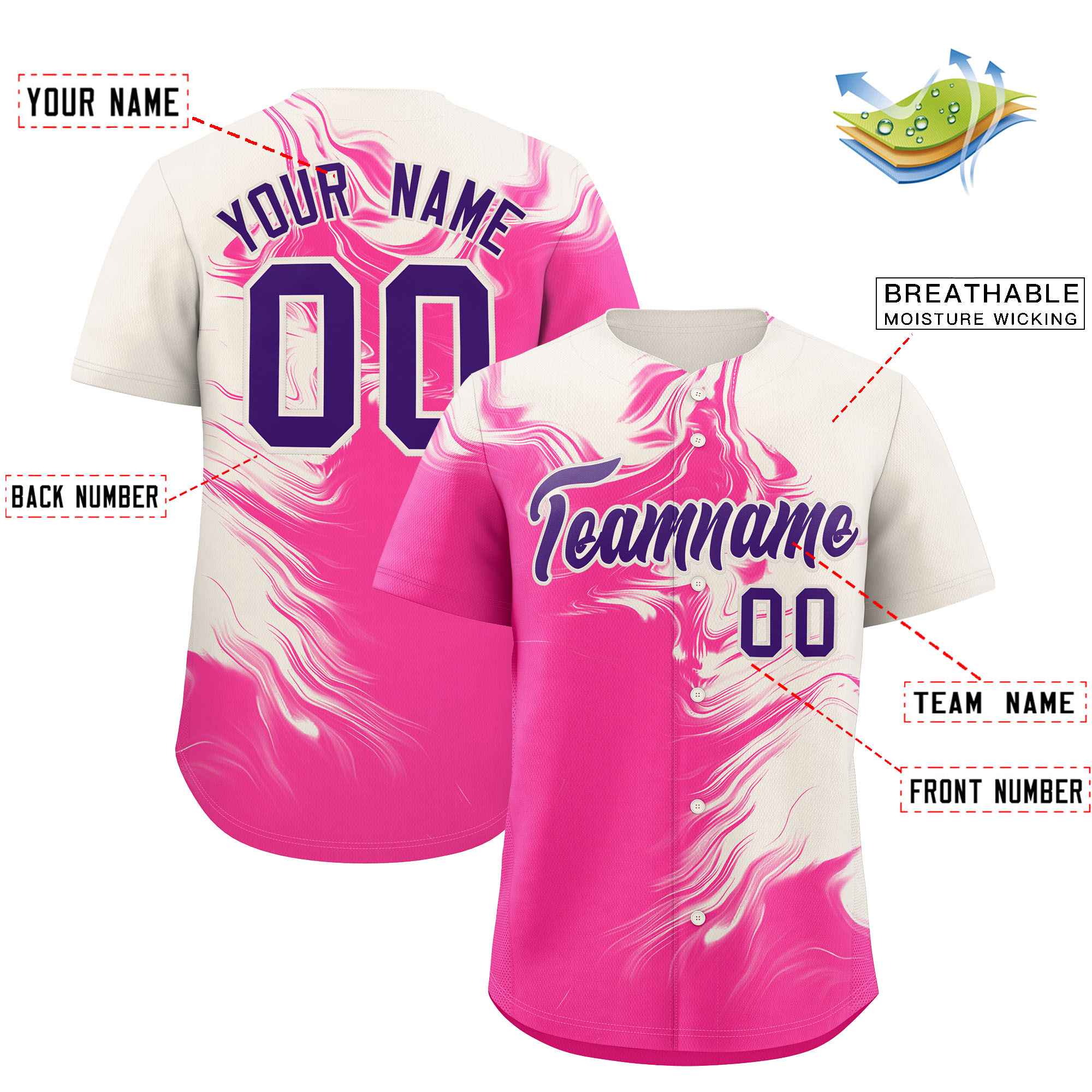 Custom Cream Pink Personalized Ink Pattern Authentic Baseball Jersey