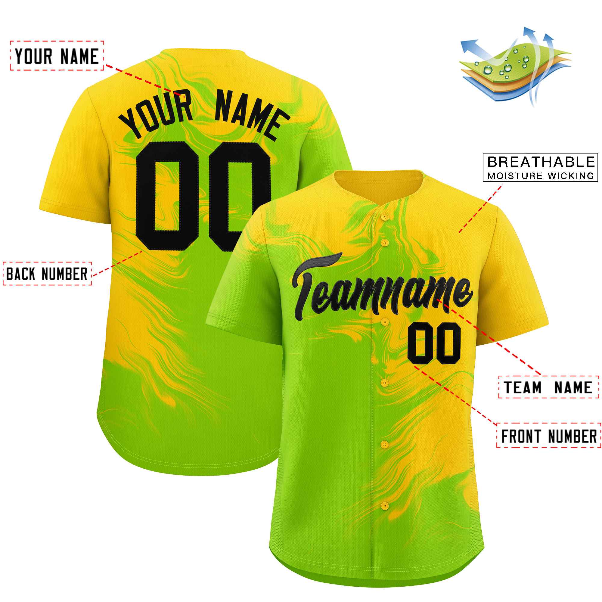 Custom Gold Neon Green Personalized Ink Pattern Authentic Baseball Jersey