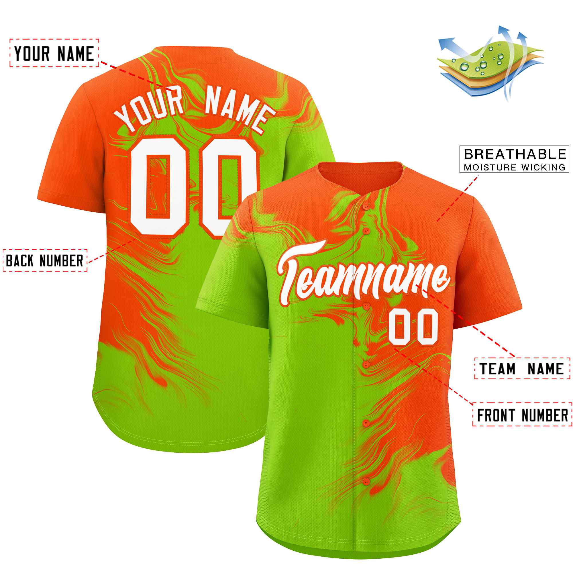 Custom Orange Neon Green Personalized Ink Pattern Authentic Baseball Jersey