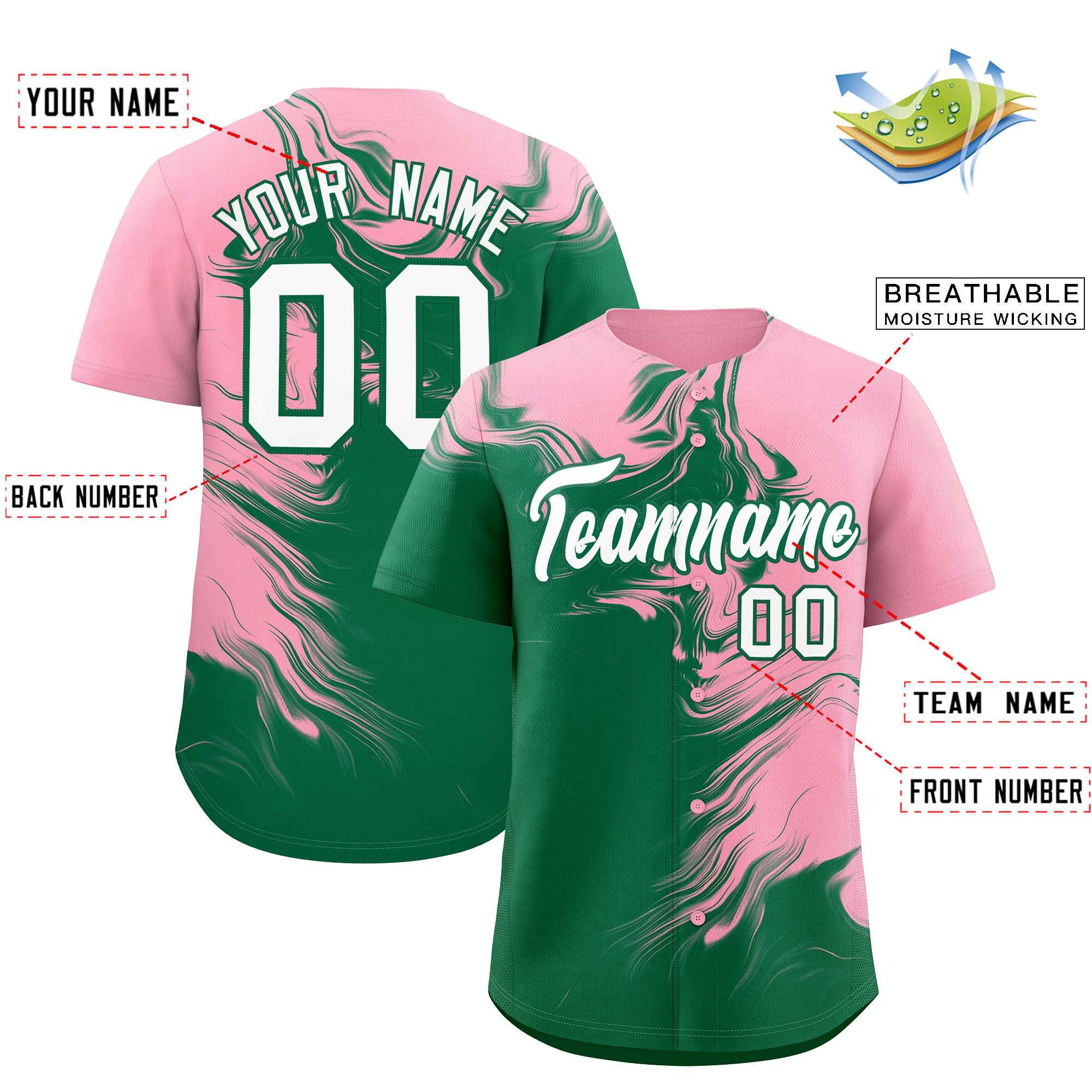 Custom Light Pink Kelly Green Personalized Ink Pattern Authentic Baseball Jersey