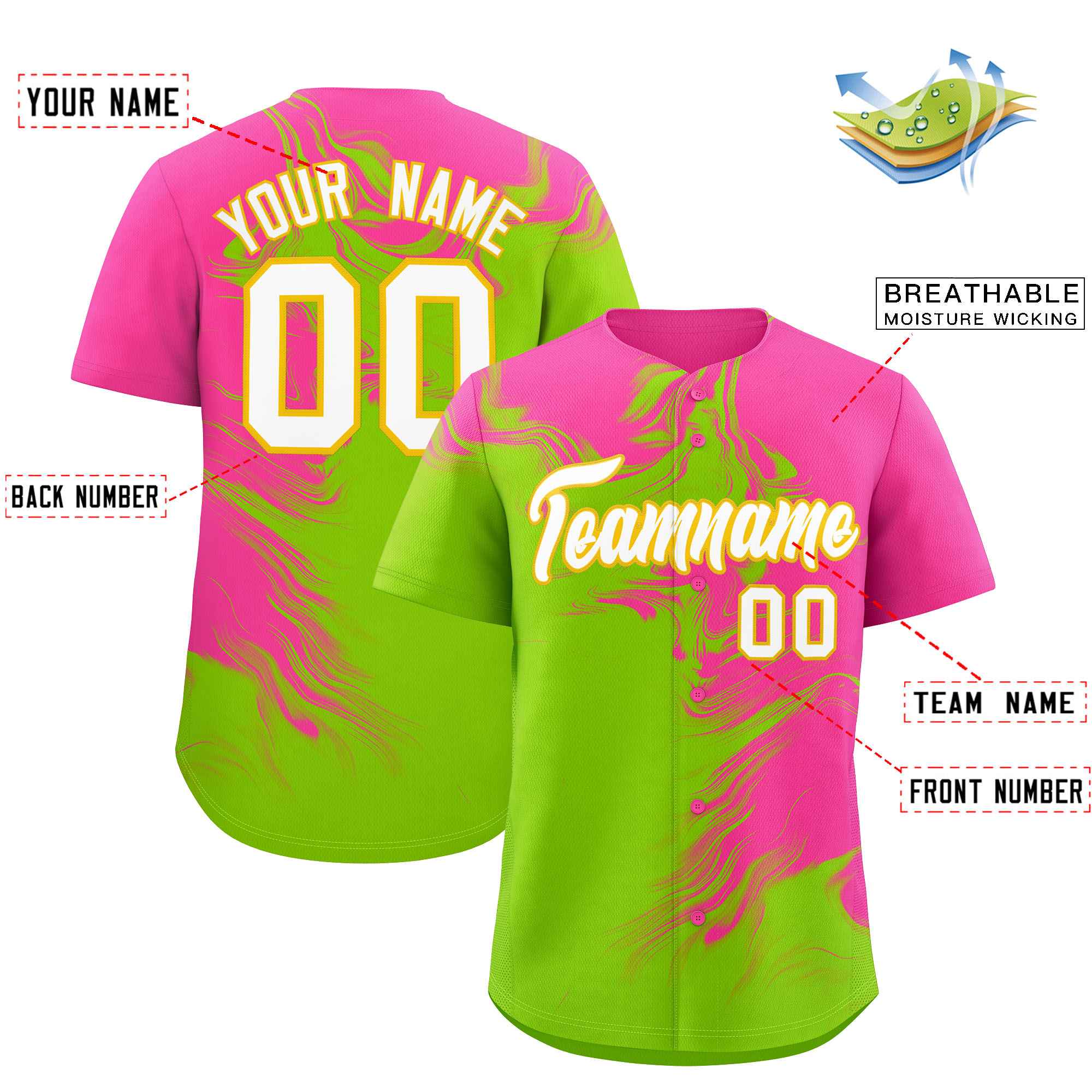 Custom Pink Neon Green Personalized Ink Pattern Authentic Baseball Jersey