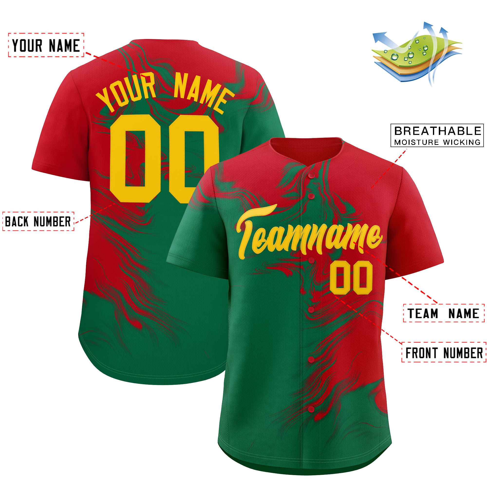 Custom Red Kelly Green Personalized Ink Pattern Authentic Baseball Jersey