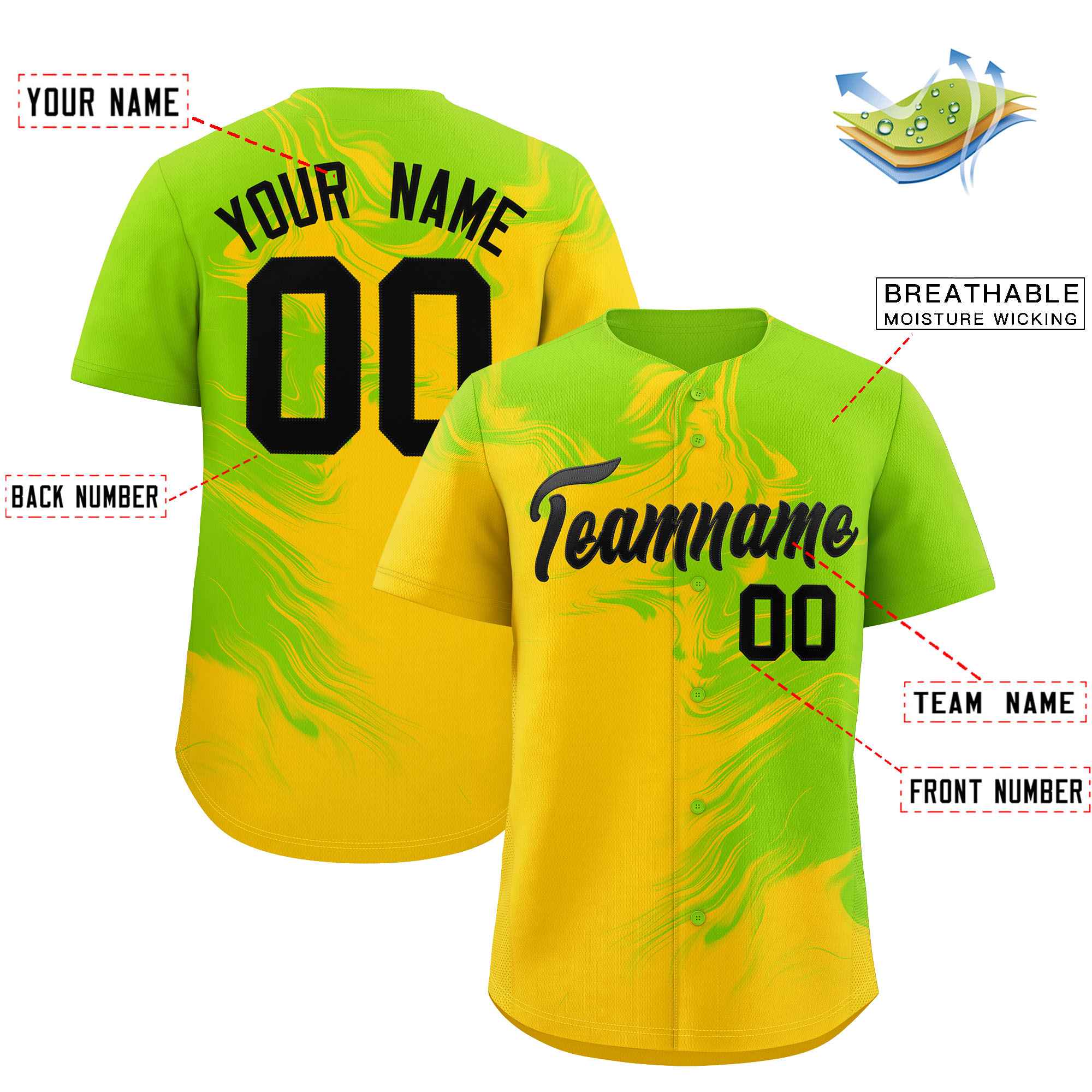 Custom Neon Green Gold Personalized Ink Pattern Authentic Baseball Jersey