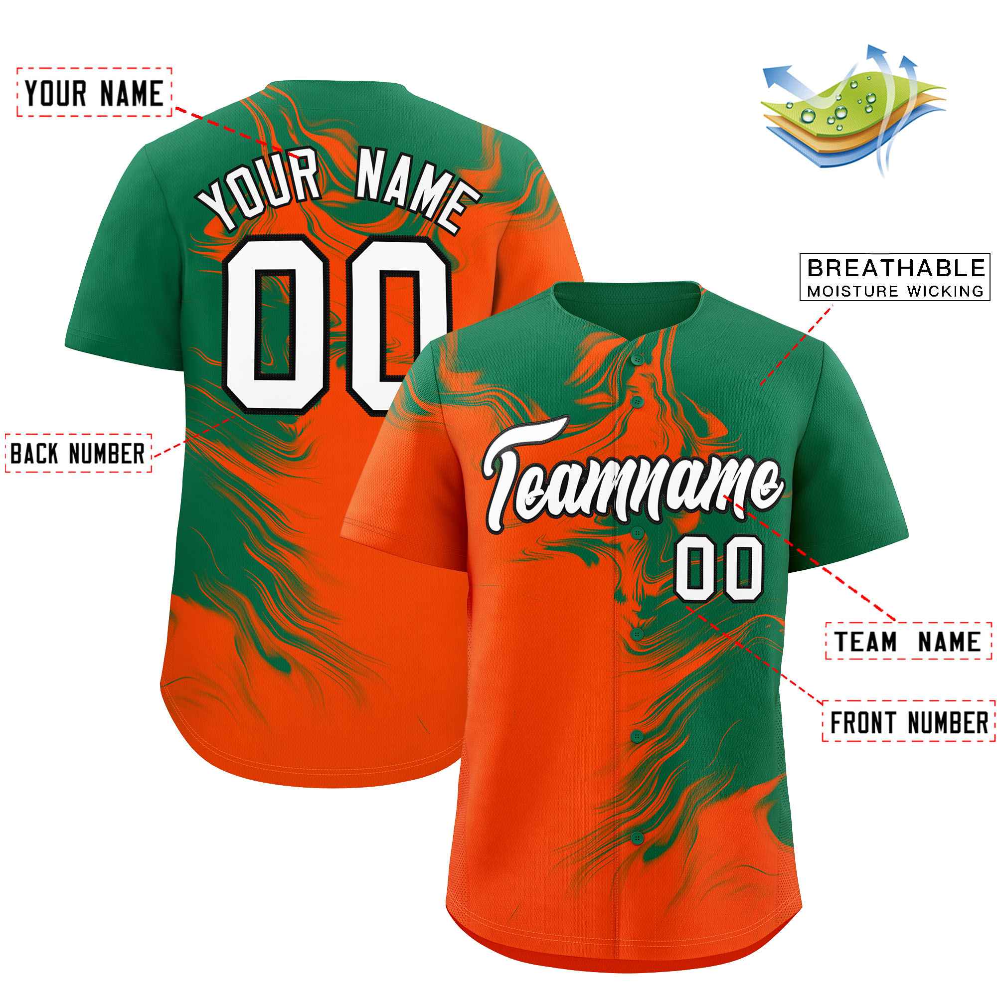 Custom Kelly Green Orange Personalized Ink Pattern Authentic Baseball Jersey