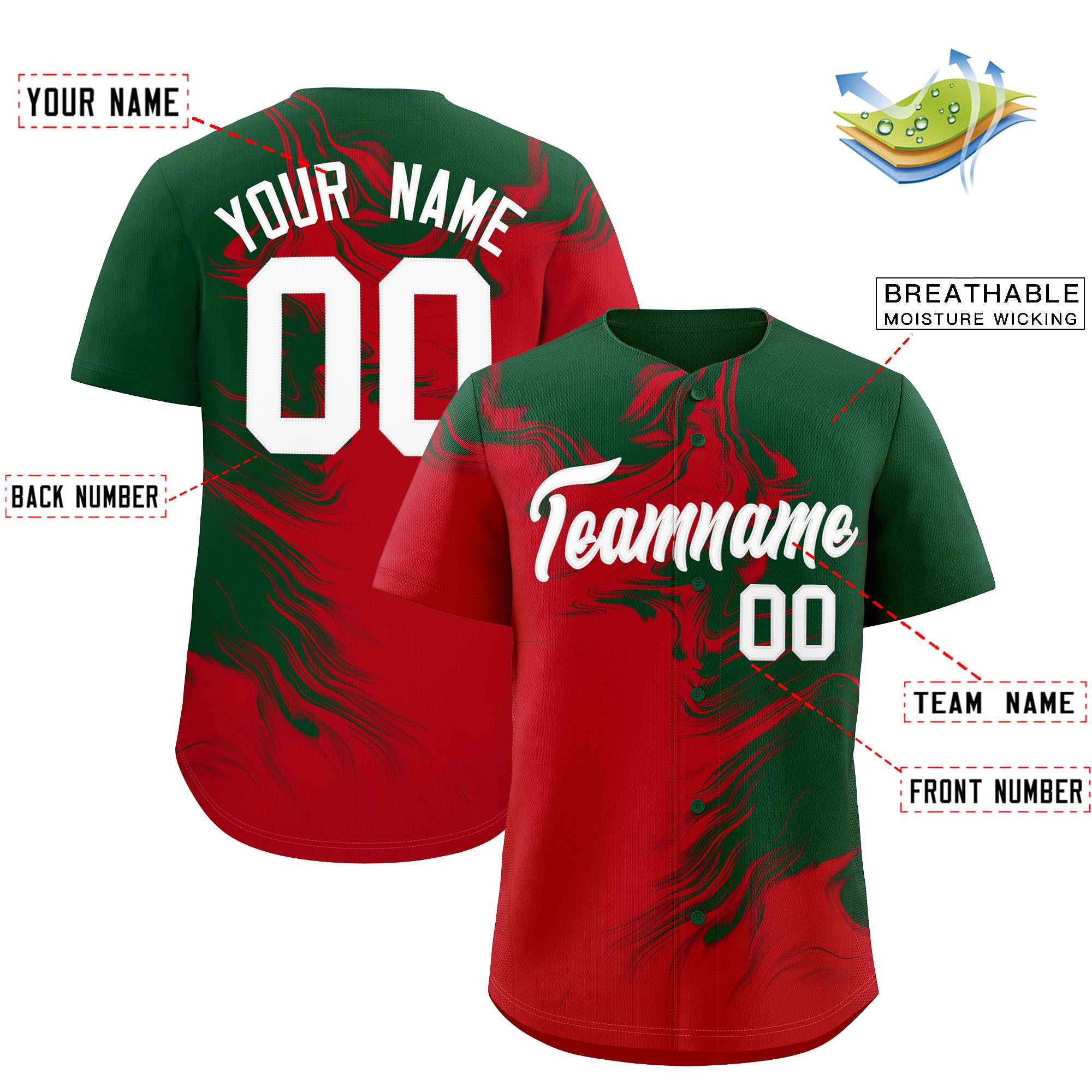 Custom Green Red Personalized Ink Pattern Authentic Baseball Jersey