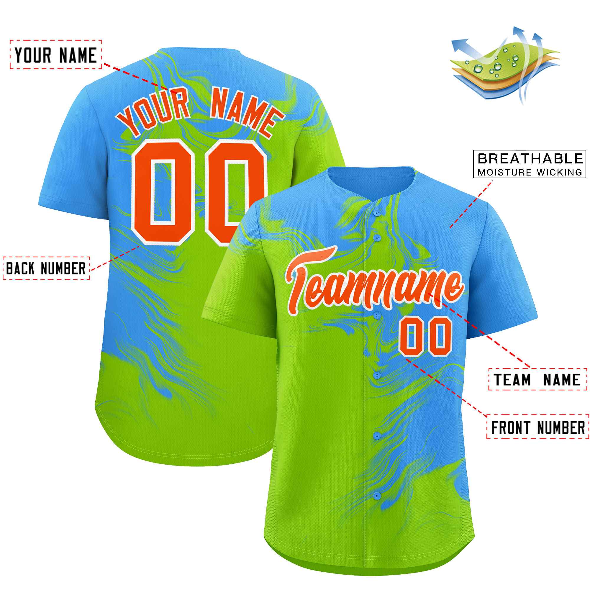 Custom Powder Blue Neon Green Personalized Ink Pattern Authentic Baseball Jersey