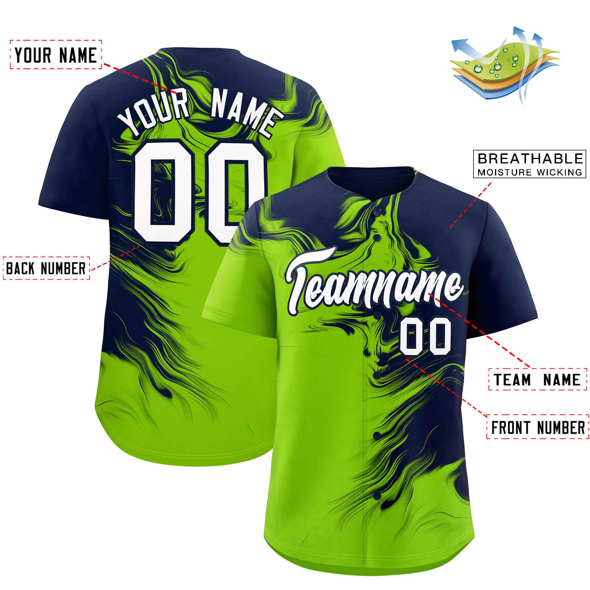 Custom Navy Neon Green Personalized Ink Pattern Authentic Baseball Jersey