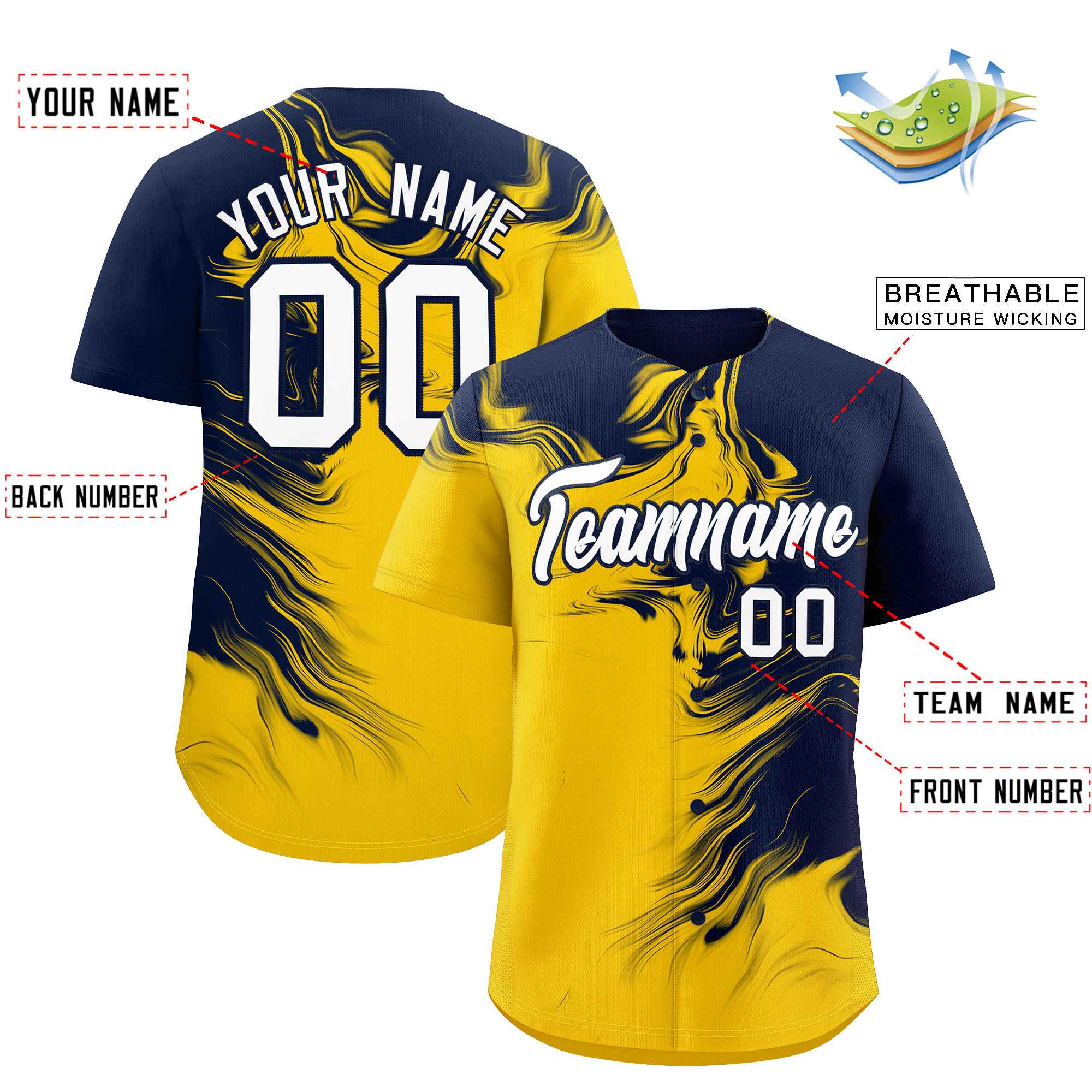 Custom Navy Gold Personalized Ink Pattern Authentic Baseball Jersey