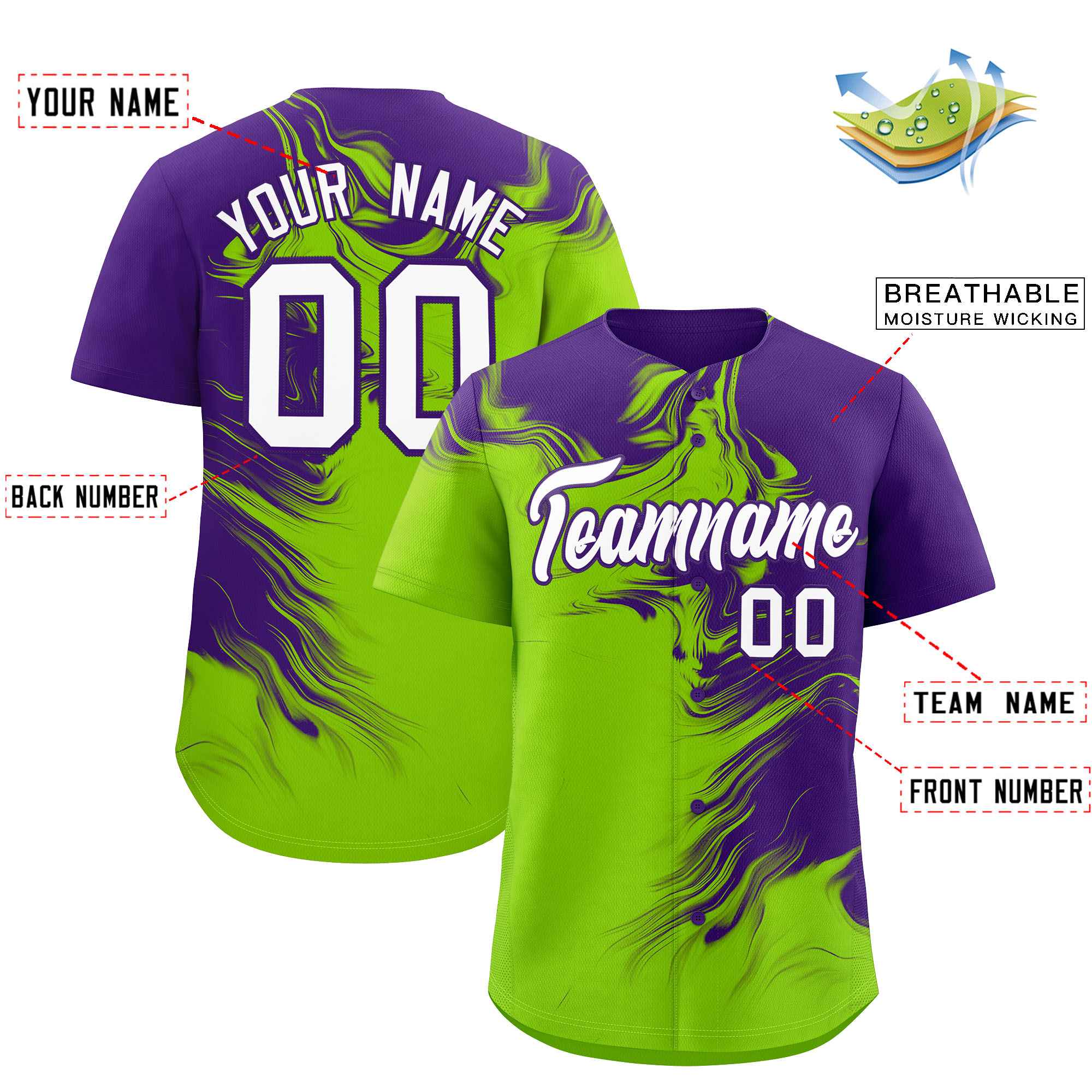 Custom Purple Neon Green Personalized Ink Pattern Authentic Baseball Jersey