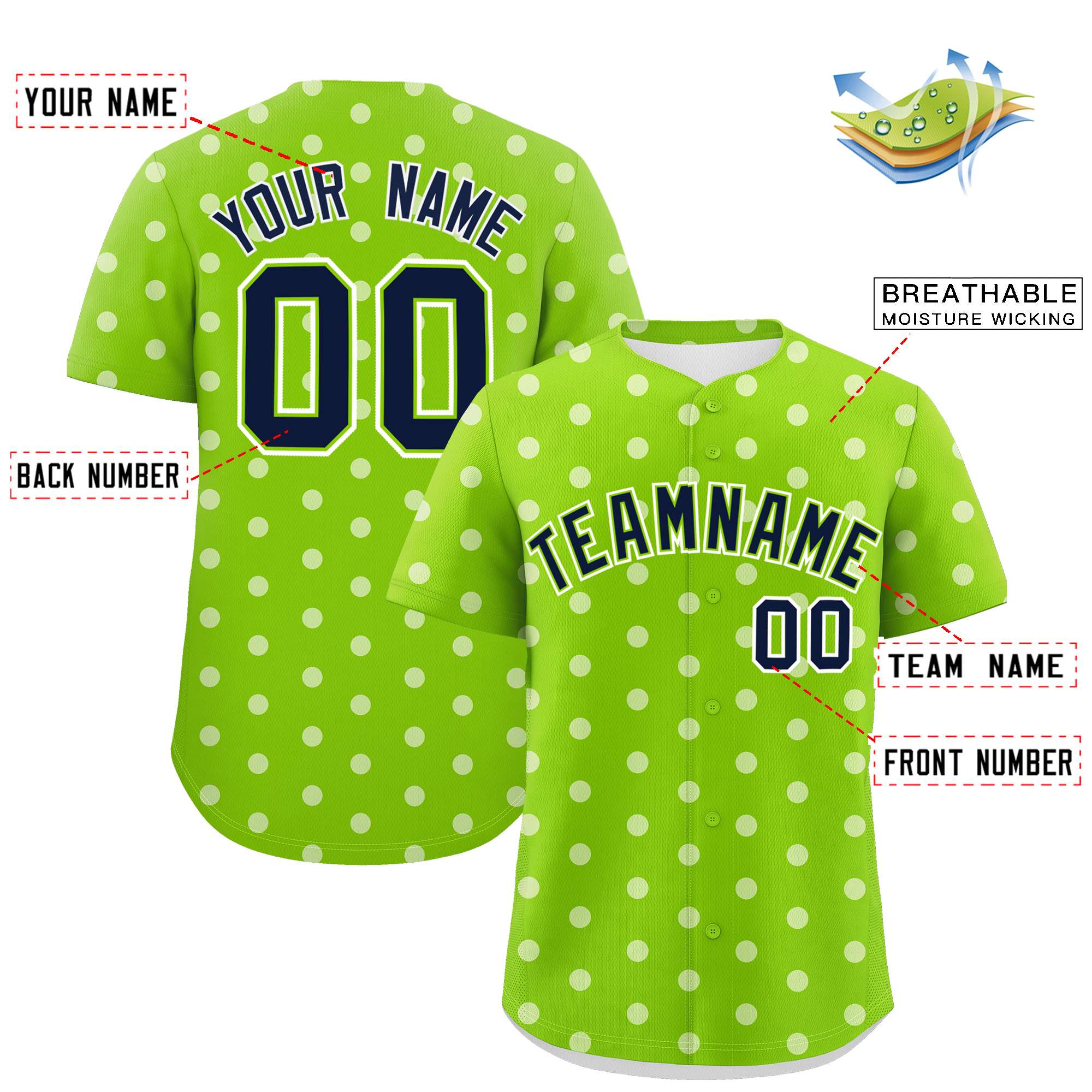 Custom Neon Green White Personalized Polka Dot Graffiti Pattern Authentic Baseball Jersey