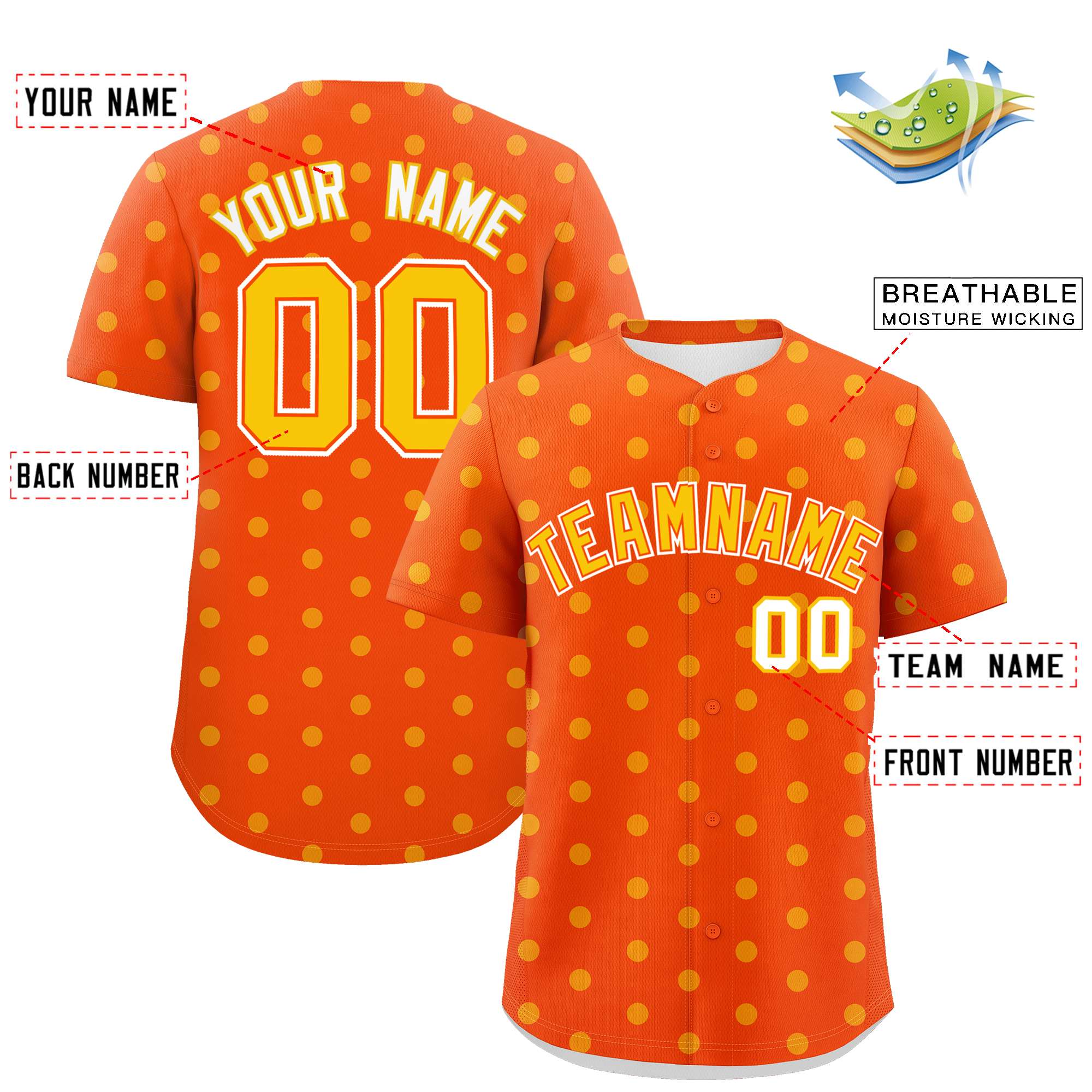 Custom Orange Yellow Personalized Polka Dot Graffiti Pattern Authentic Baseball Jersey