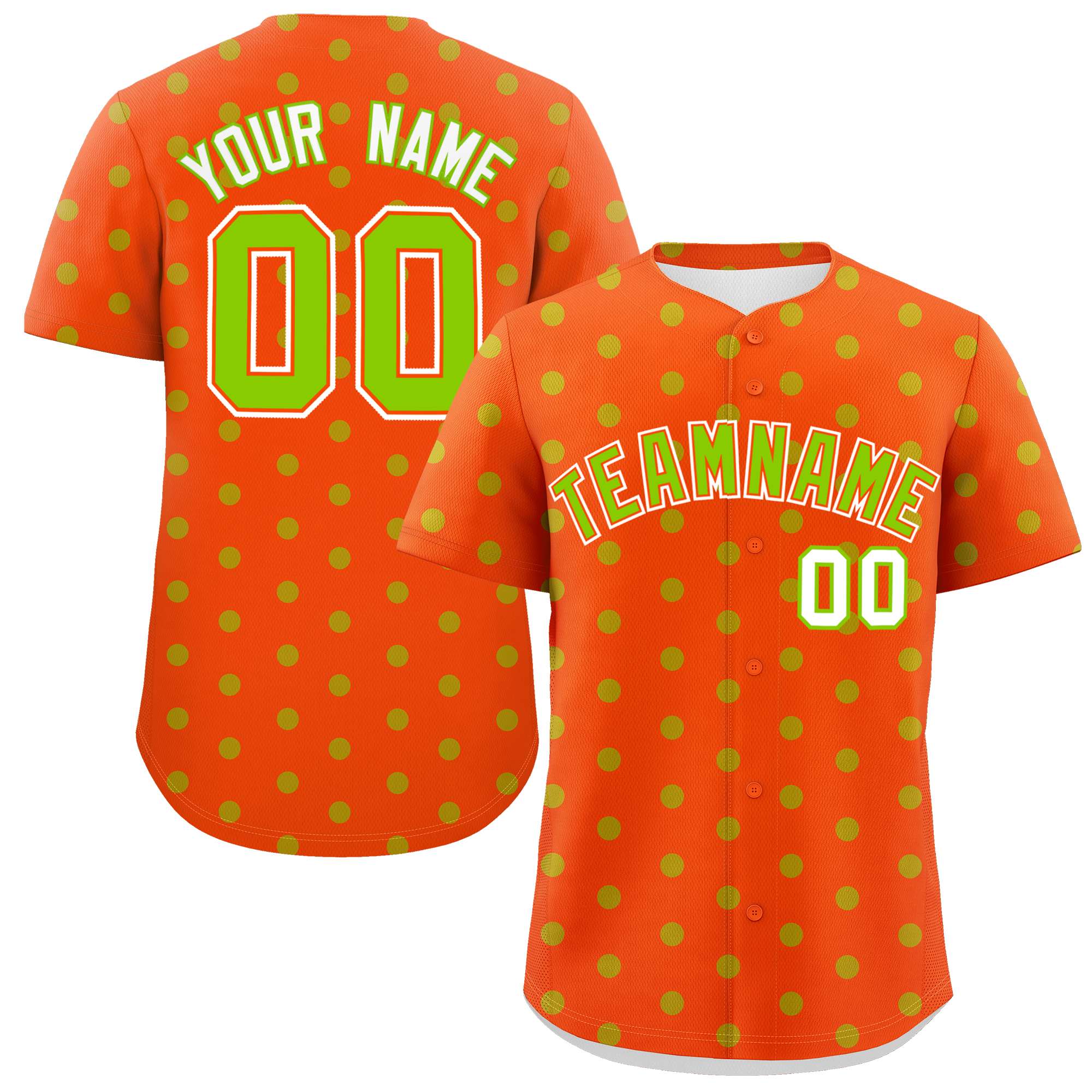 Custom Orange Neon Green Personalized Polka Dot Graffiti Pattern Authentic Baseball Jersey