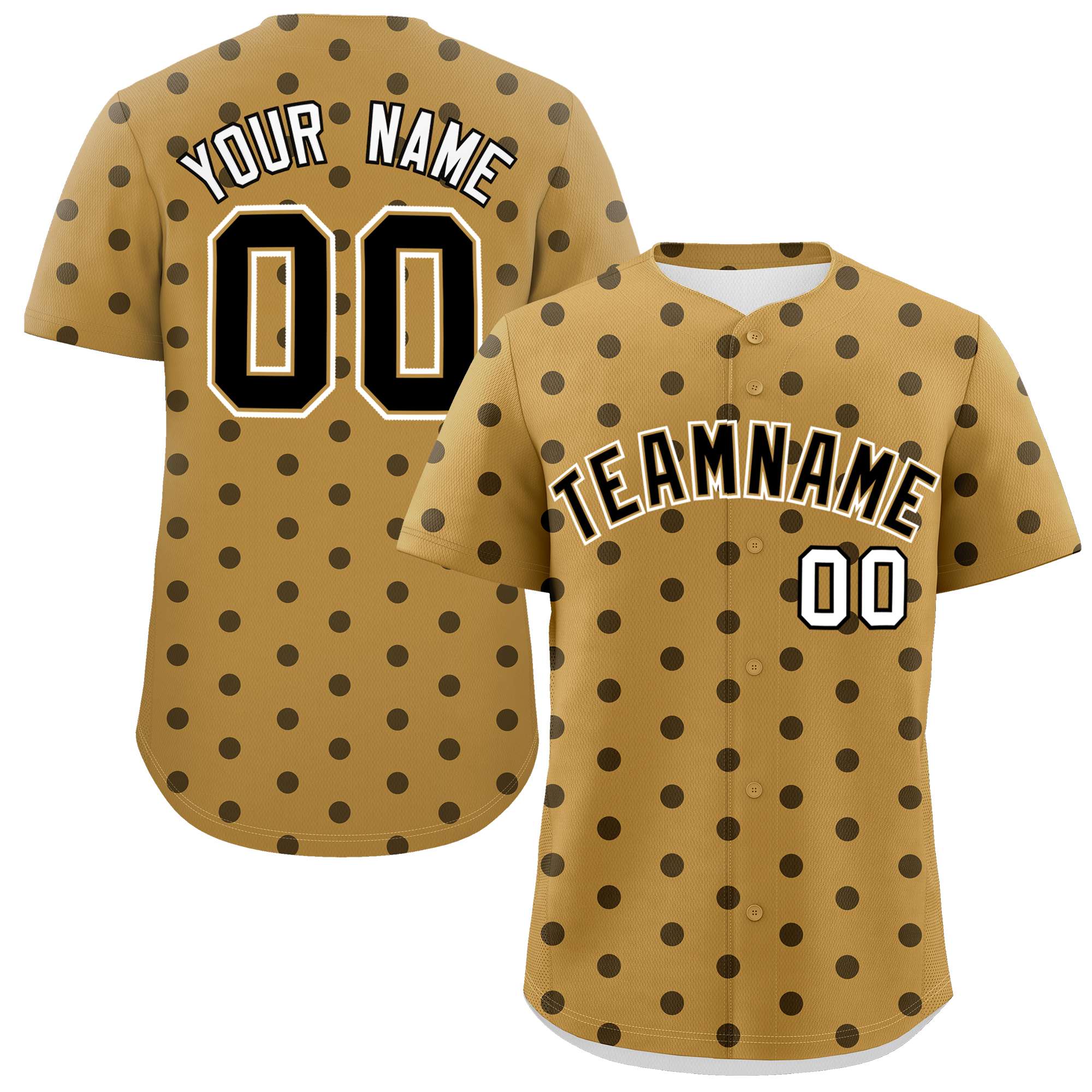 Custom Old Gold Black Personalized Polka Dot Graffiti Pattern Authentic Baseball Jersey