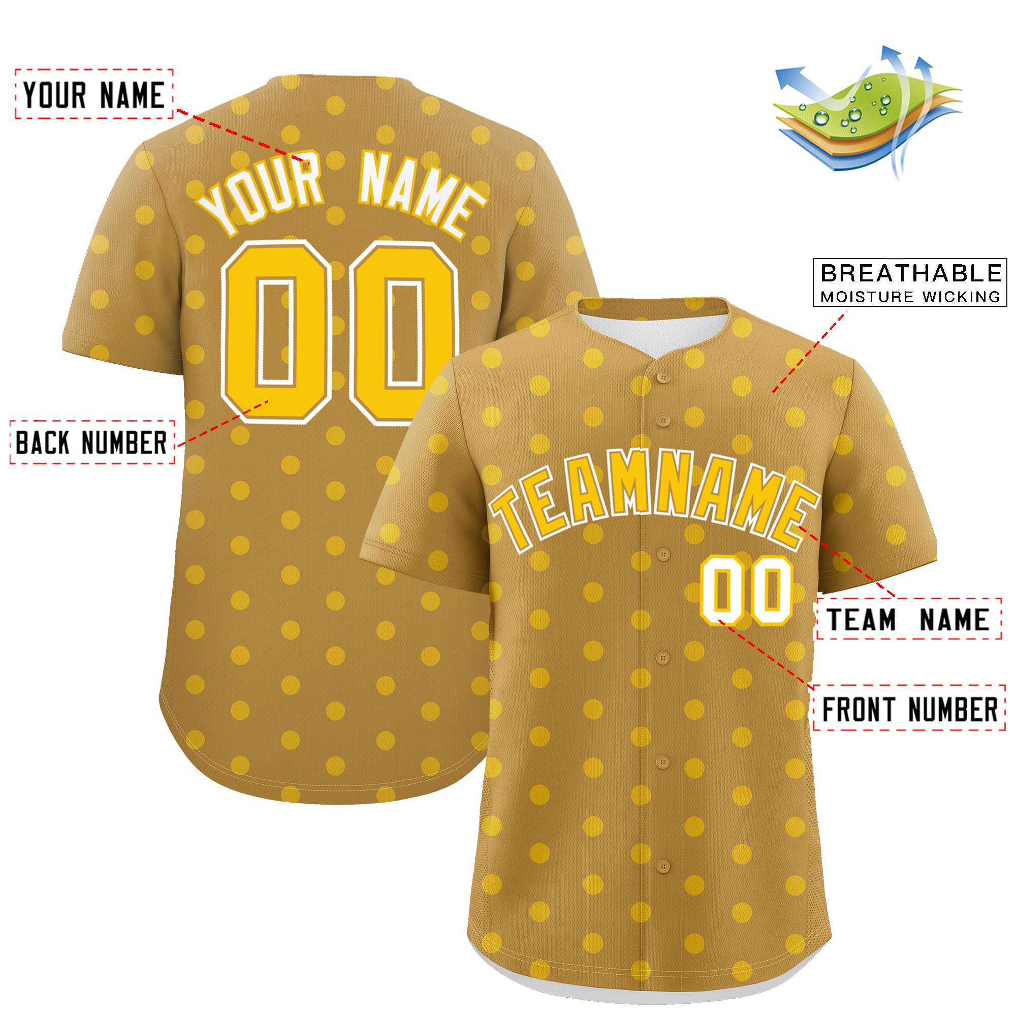 Custom Old Gold Gold Personalized Polka Dot Graffiti Pattern Authentic Baseball Jersey