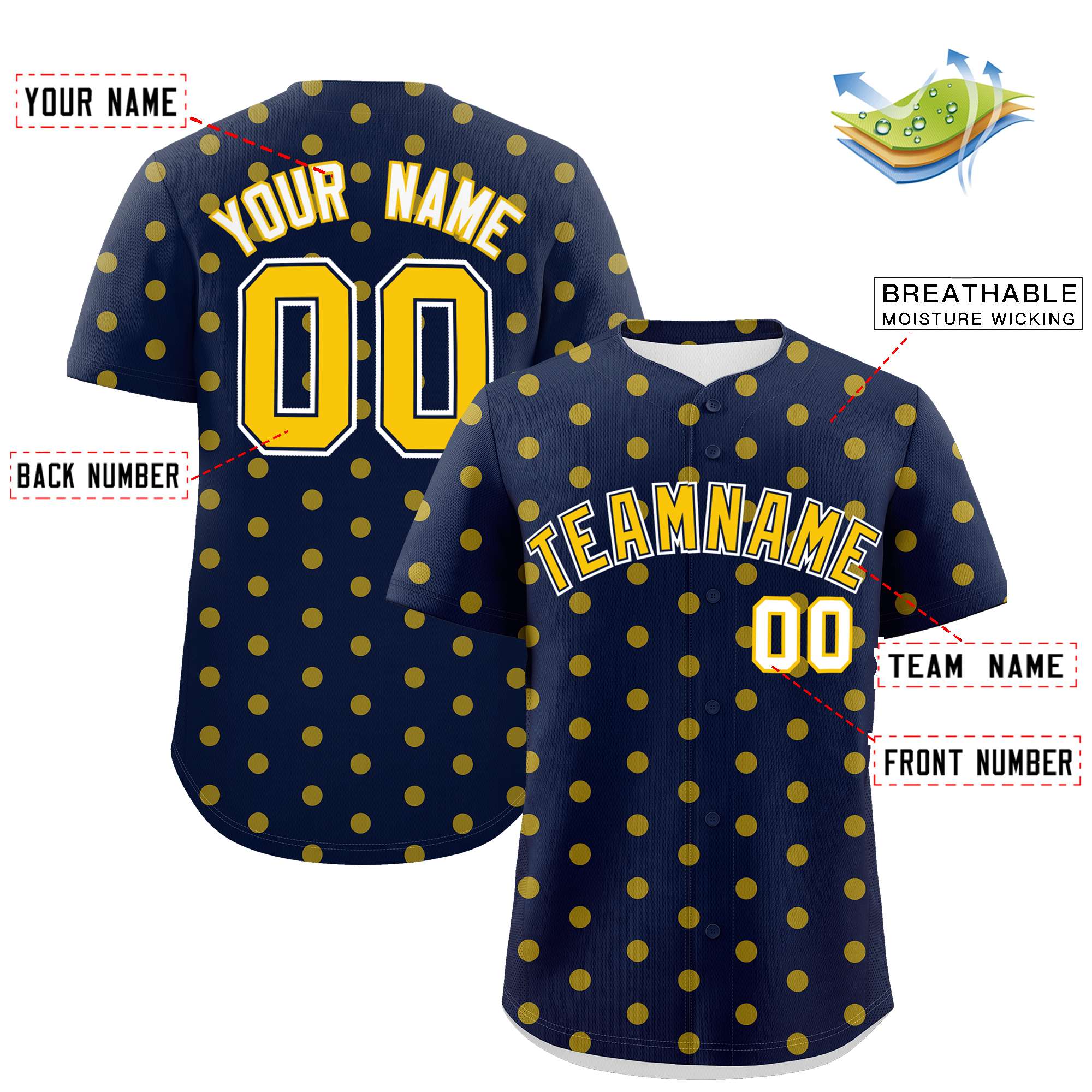 Custom Navy Gold Personalized Polka Dot Graffiti Pattern Authentic Baseball Jersey