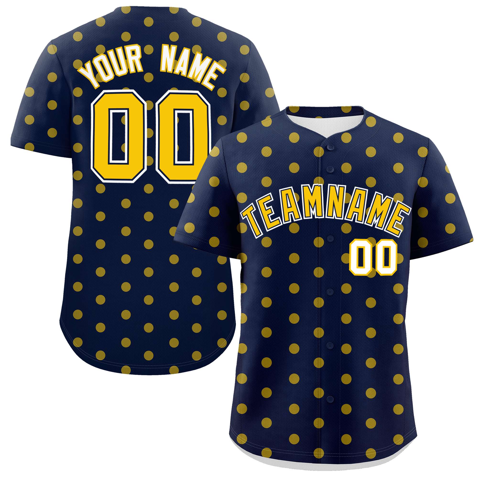 Custom Navy Gold Personalized Polka Dot Graffiti Pattern Authentic Baseball Jersey