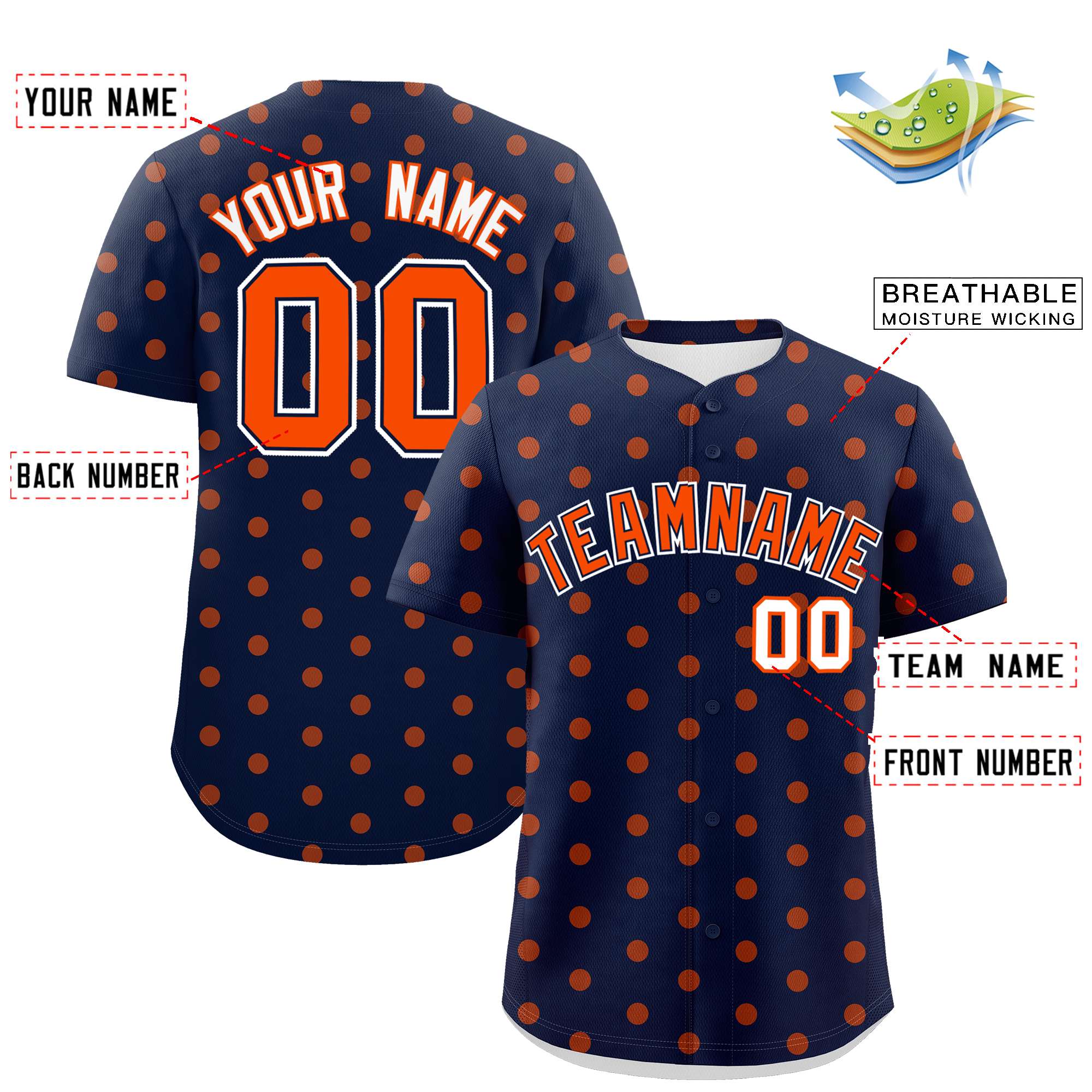 Custom Navy Orange Personalized Polka Dot Graffiti Pattern Authentic Baseball Jersey