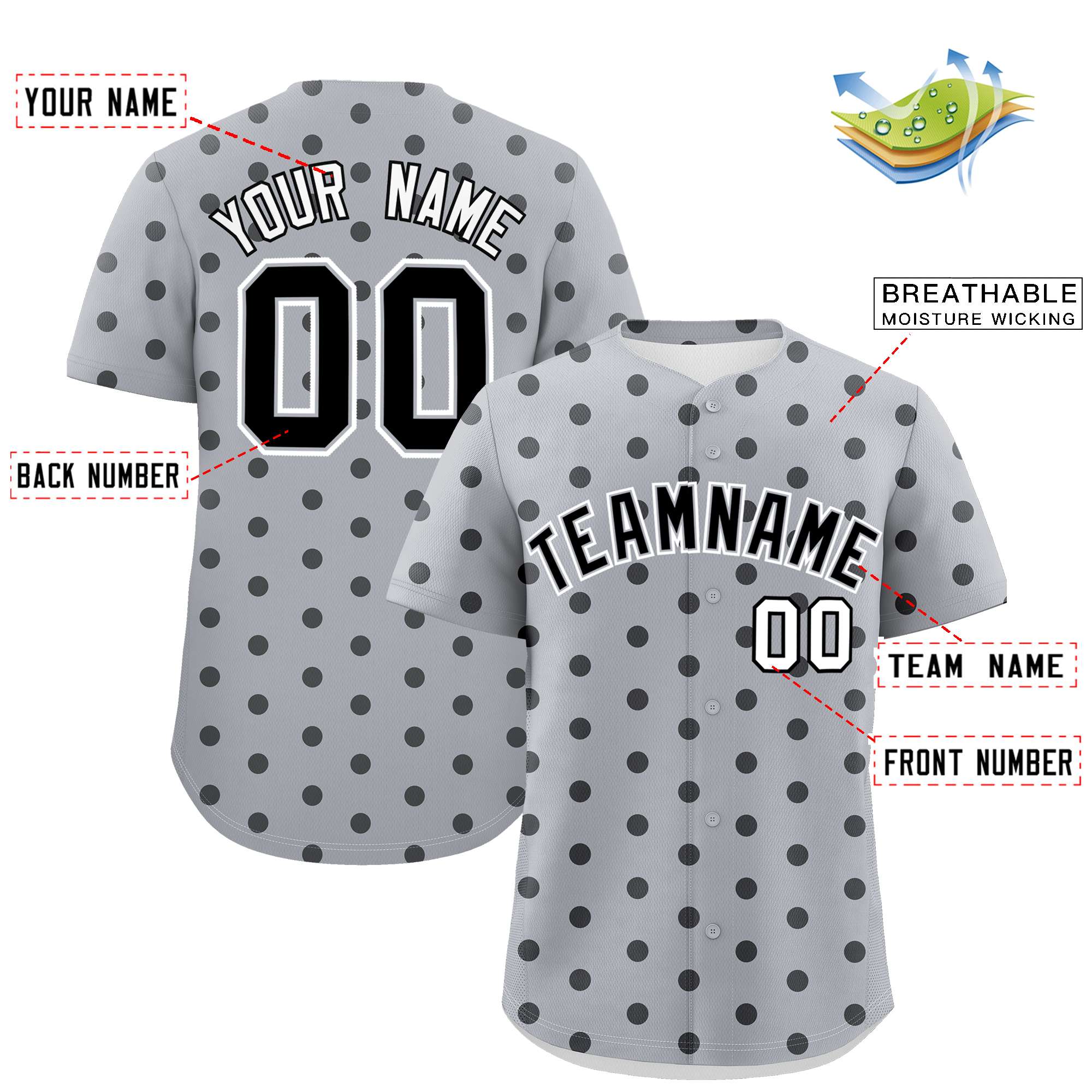 Custom Gray Black Personalized Polka Dot Graffiti Pattern Authentic Baseball Jersey