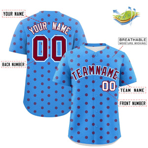 Custom Powder Blue Crimson Personalized Polka Dot Graffiti Pattern Authentic Baseball Jersey