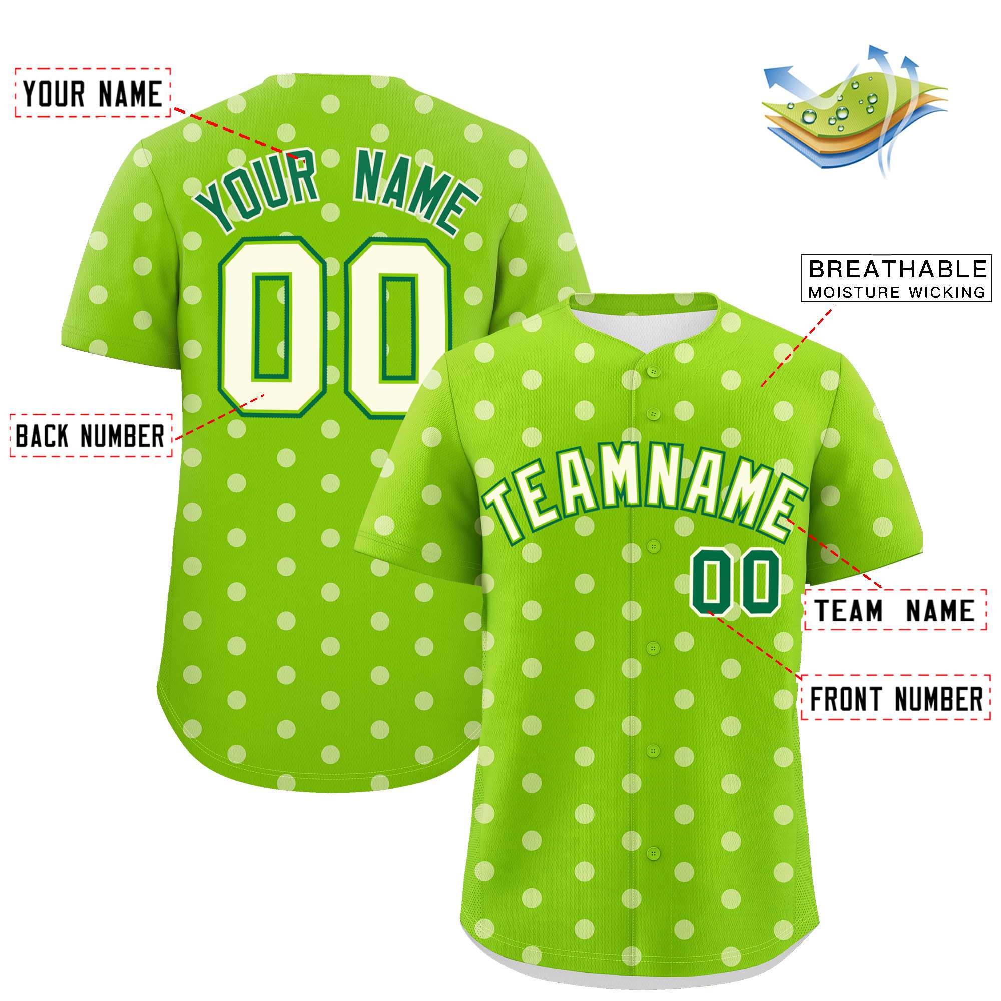 Custom Neon Green White Personalized Polka Dot Graffiti Pattern Authentic Baseball Jersey