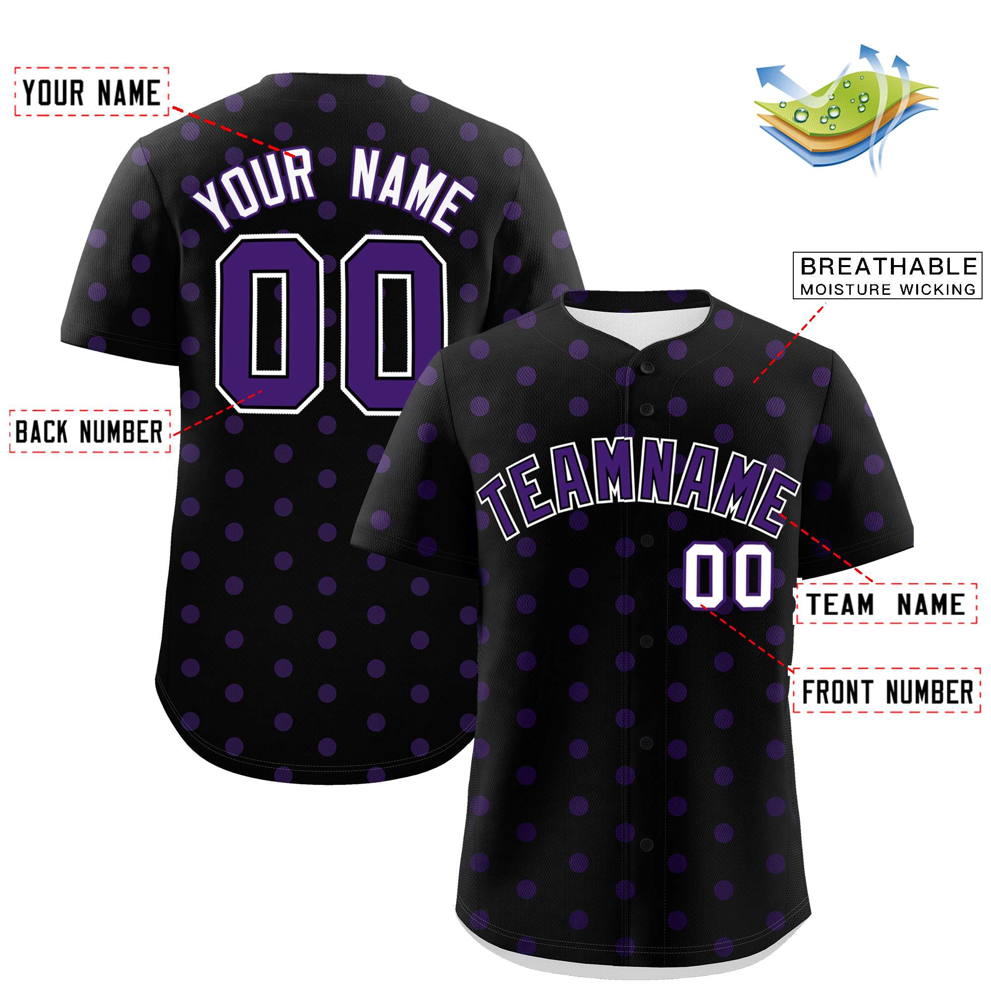 Custom Black Purple Personalized Polka Dot Graffiti Pattern Authentic Baseball Jersey