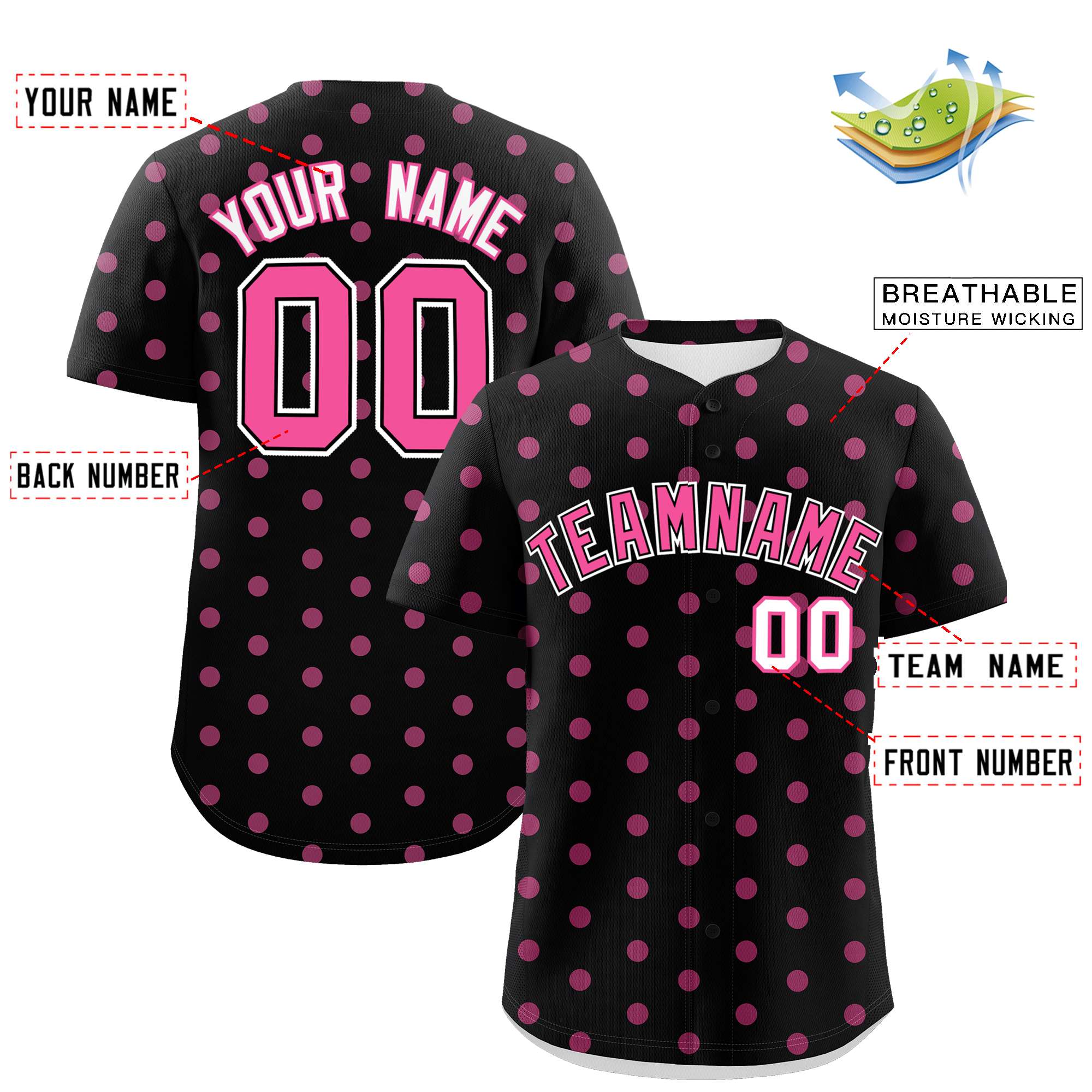 Custom Black Pink Personalized Polka Dot Graffiti Pattern Authentic Baseball Jersey