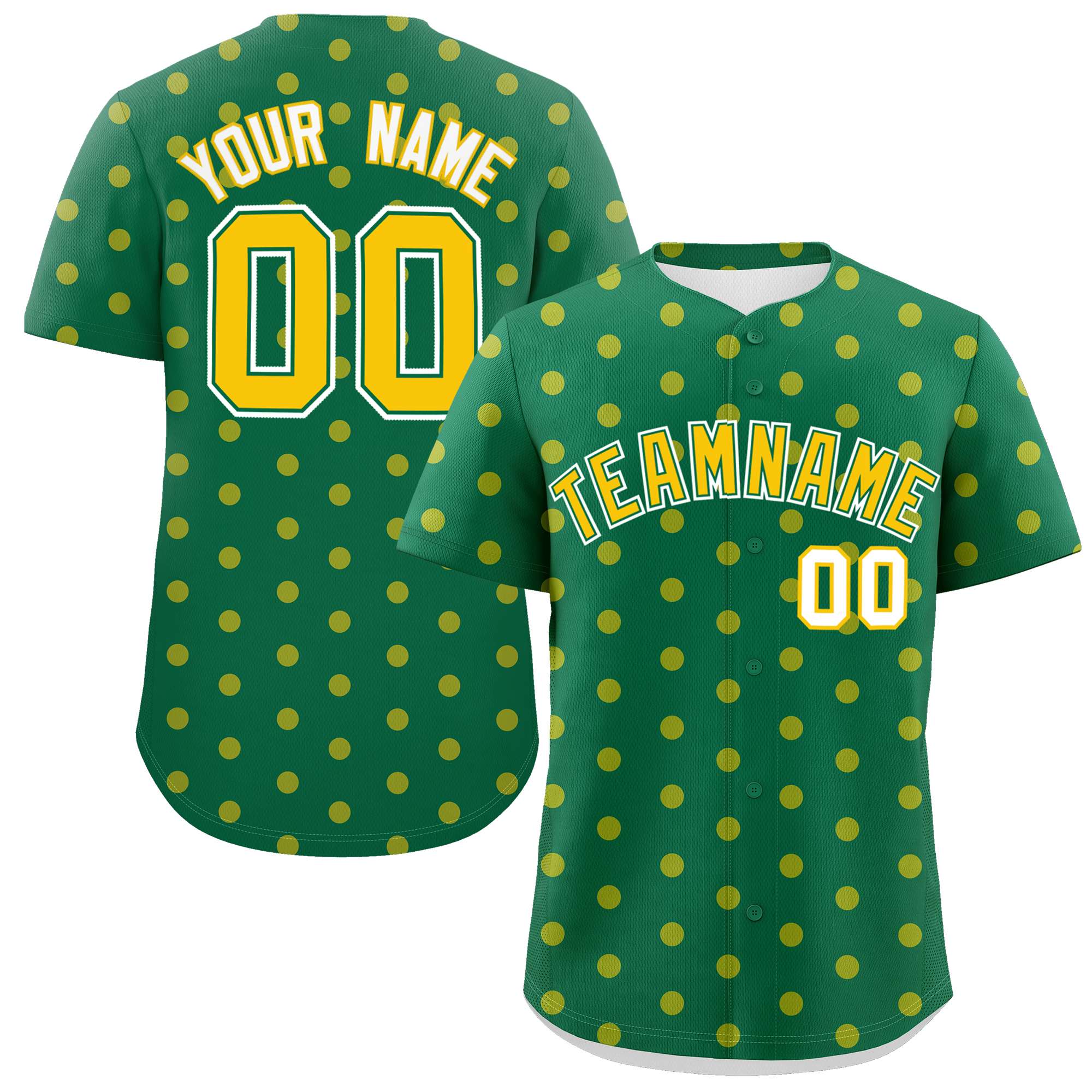 Custom Kelly Green Gold Personalized Polka Dot Graffiti Pattern Authentic Baseball Jersey