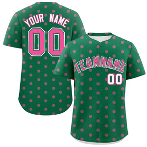 Custom Kelly Green Pink Personalized Polka Dot Graffiti Pattern Authentic Baseball Jersey