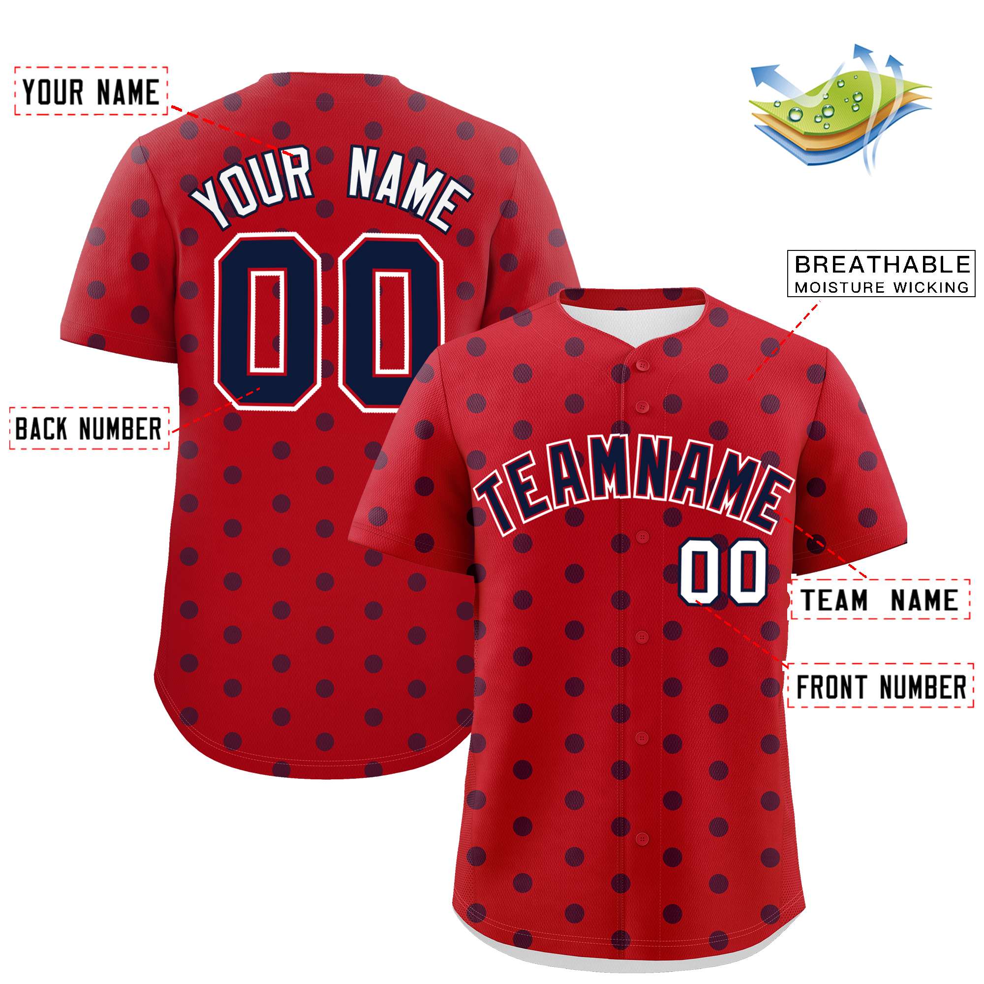 Custom Red Navy Personalized Polka Dot Graffiti Pattern Authentic Baseball Jersey