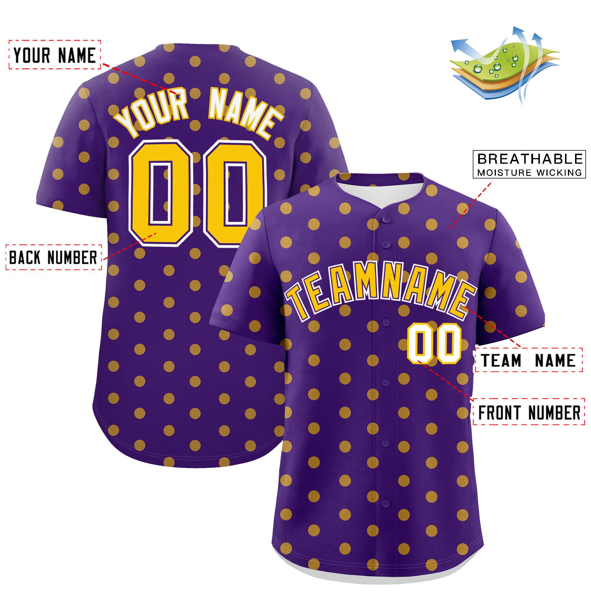 Custom Purple Gold Personalized Polka Dot Graffiti Pattern Authentic Baseball Jersey